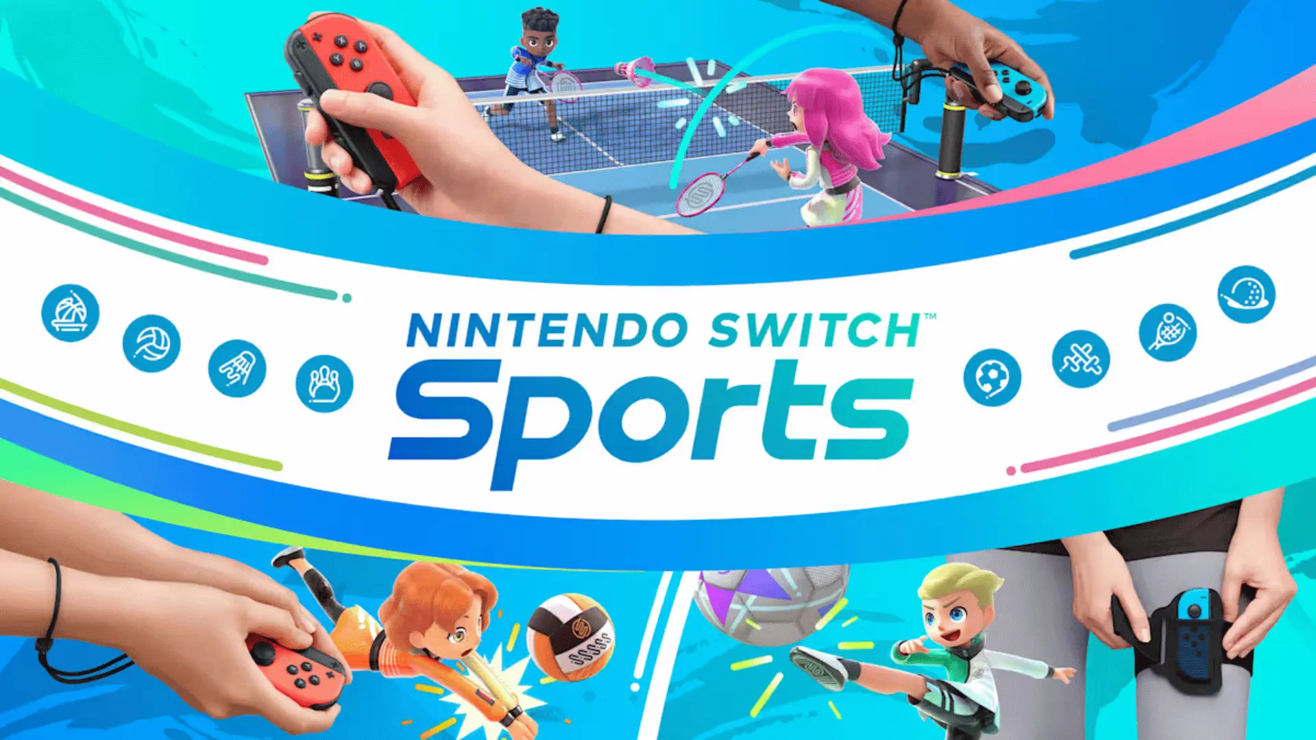 Nintendo Switch Sports game artwork showing players using Joy-Cons for tennis, soccer, volleyball, and other sports.