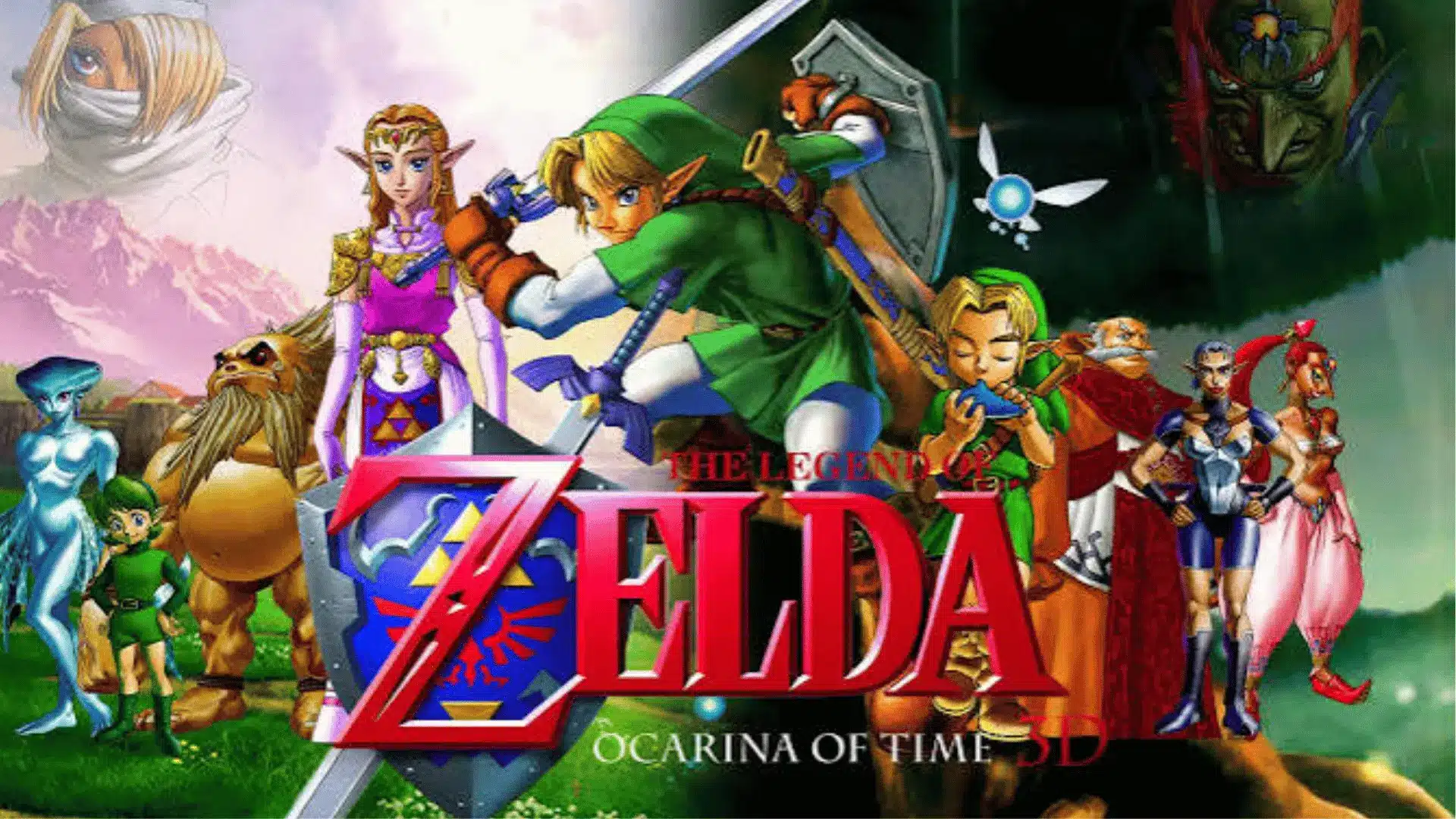 Promotional artwork for The Legend of Zelda: Ocarina of Time, showing Link holding a sword and shield in the foreground, with Zelda and other key characters arranged behind him against a fantasy-themed background.