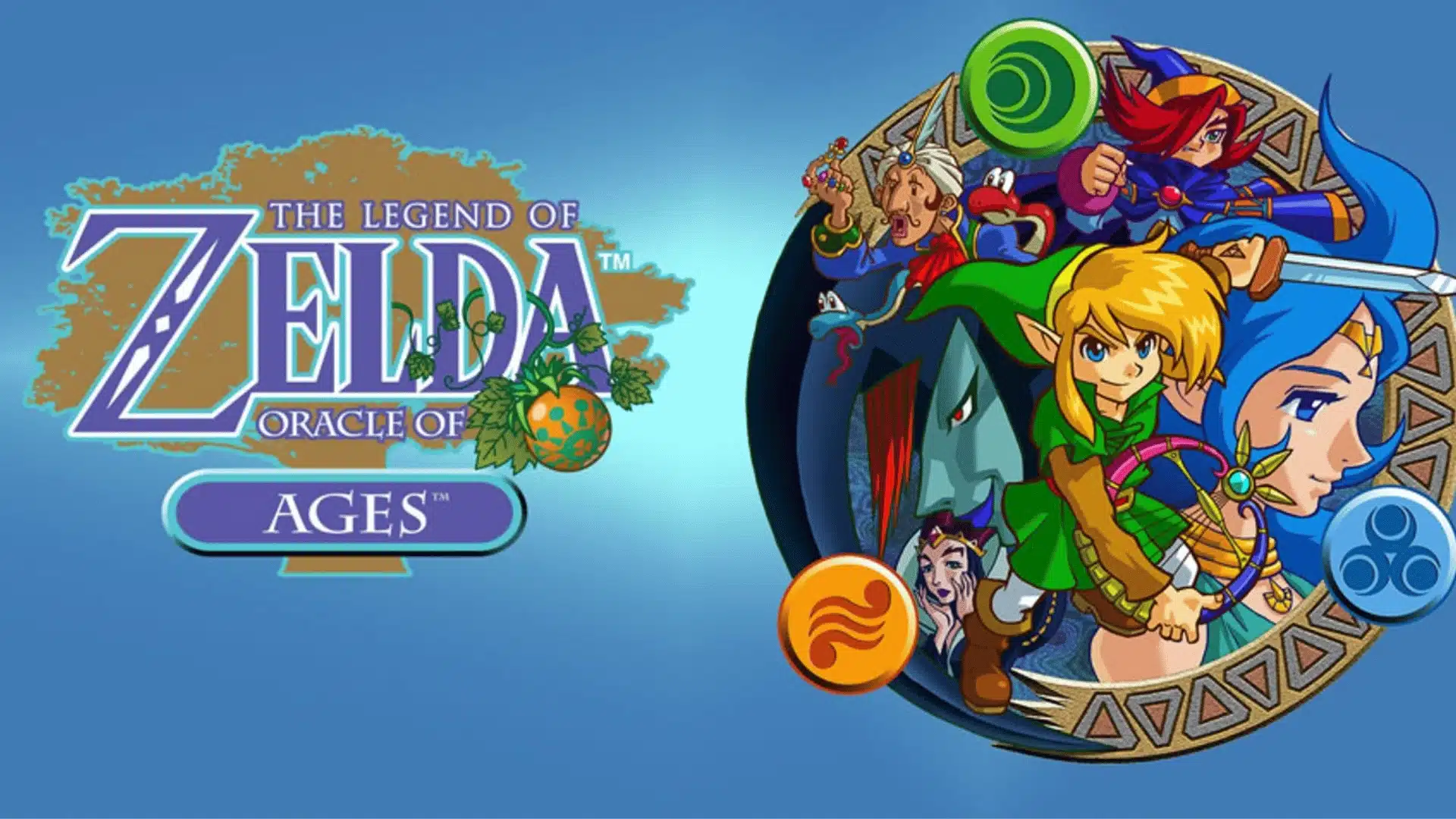 Oracle of Ages artwork showing Link and other characters against a blue background.