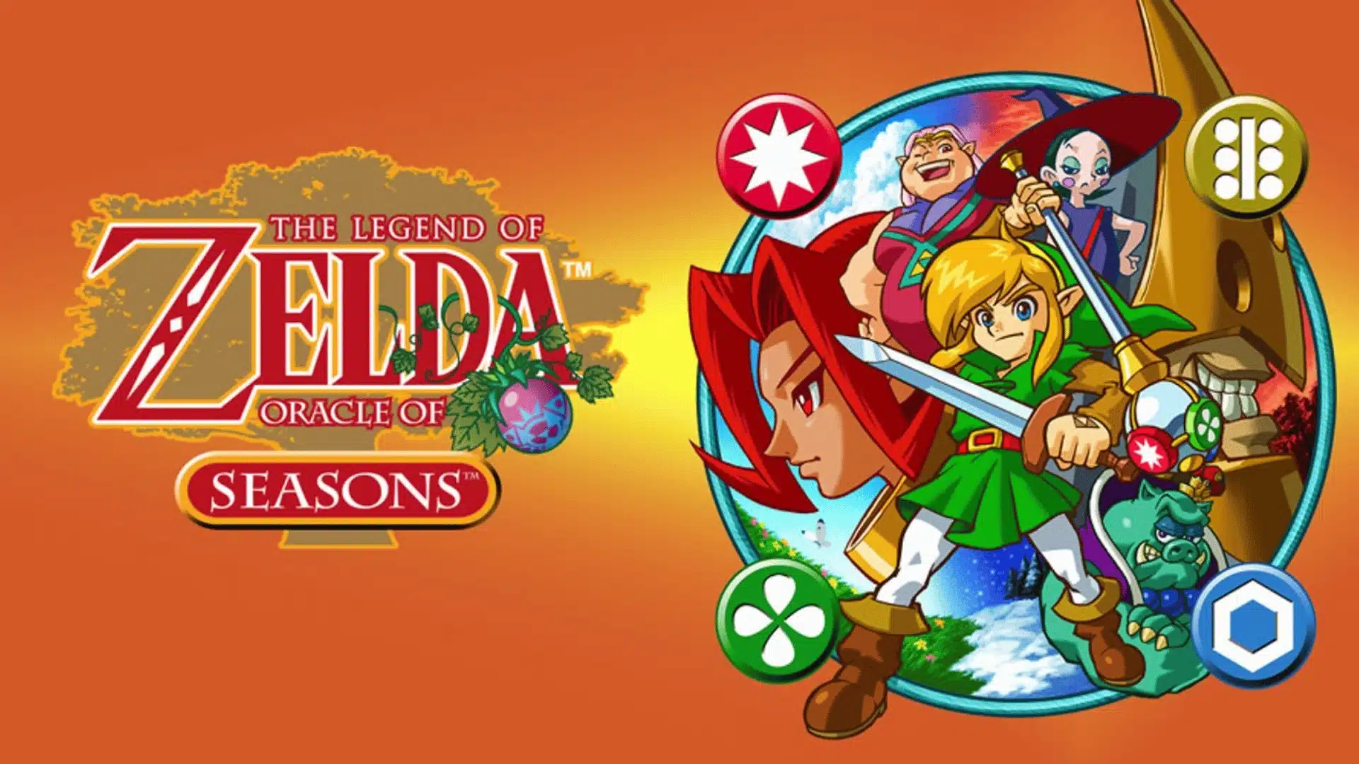 Oracle of Seasons artwork showing Link with a sword and several characters on an orange background.