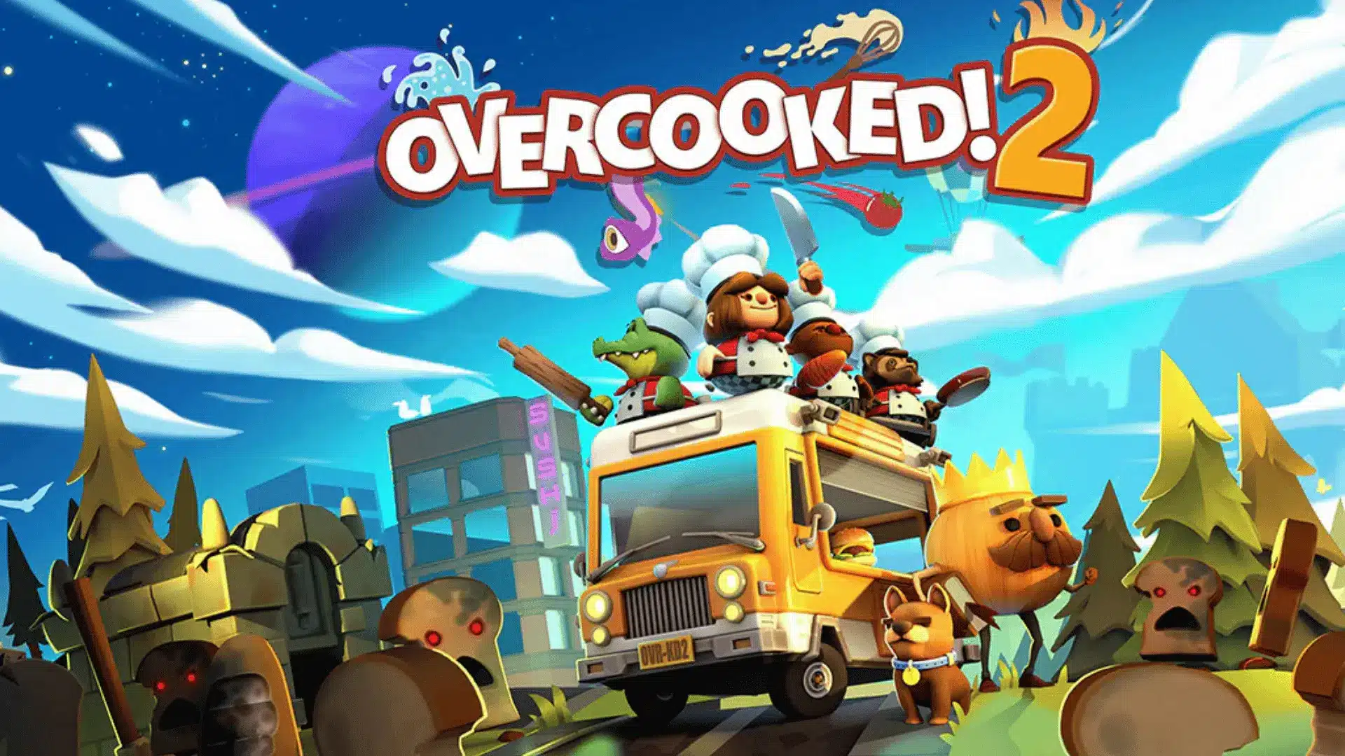 Overcooked! 2 game artwork showing chefs working together in a chaotic kitchen adventure.
