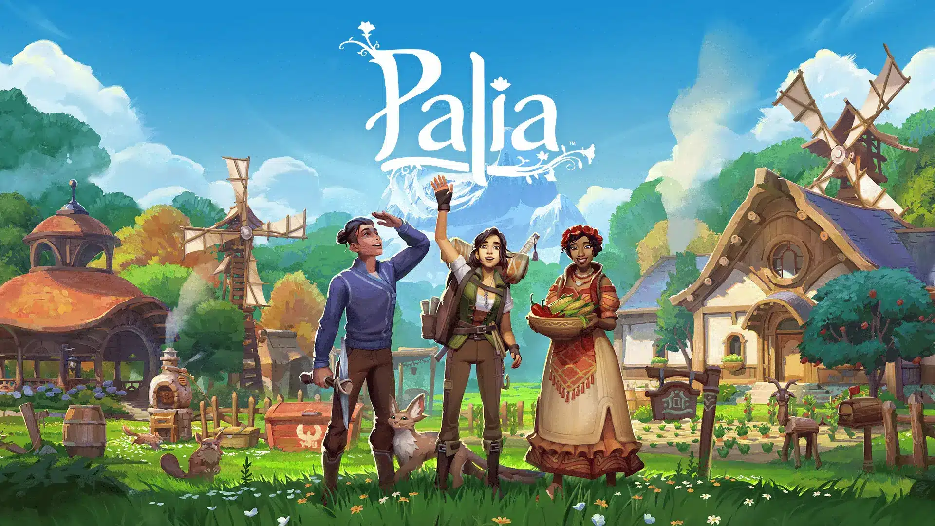 Palia game artwork showing characters in a colorful village setting with homes, gardens, and a peaceful outdoor landscape.