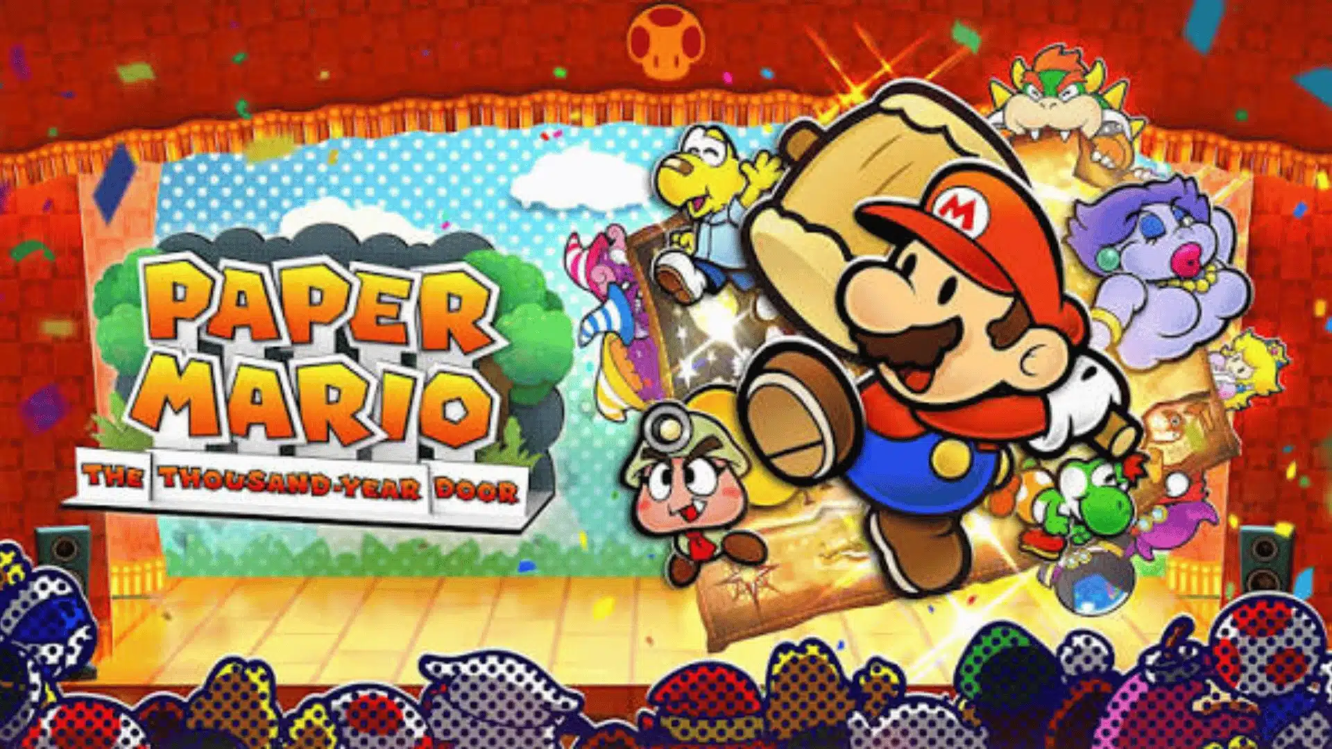 Paper Mario: The Thousand-Year Door artwork featuring Mario and companions on a colorful stage with cheering audience