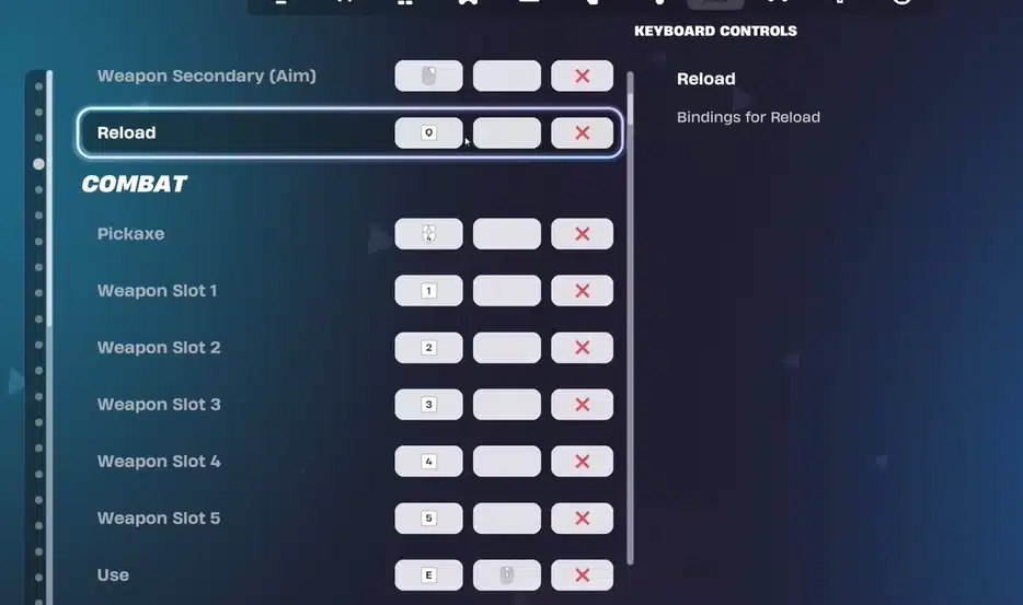 Peterbot Fortnite keybinds showing weapon slots 1 through 5 assigned to keys 1 to 5, reload on 0, pickaxe on 4, and use on E in the keyboard controls menu