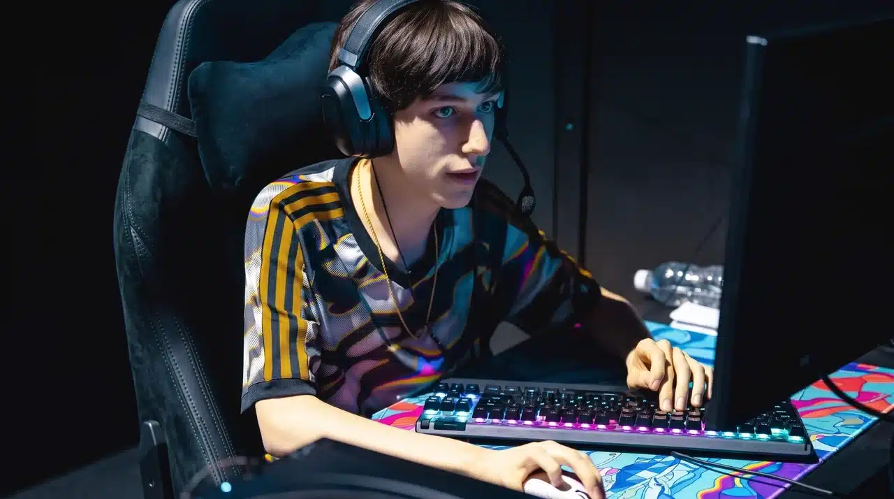 Peterbot competing at a Fortnite LAN event using his SteelSeries keyboard, HyperX headset,  mousepad at his tournament setup.