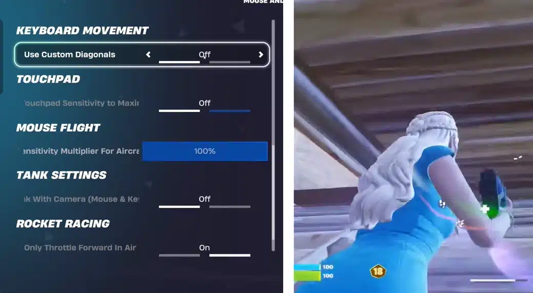 Peterbot Fortnite keyboard movement settings showing Use Custom Diagonals off, Mouse Flight sensitivity , camera off, and Rocket Racing throttle forward on.