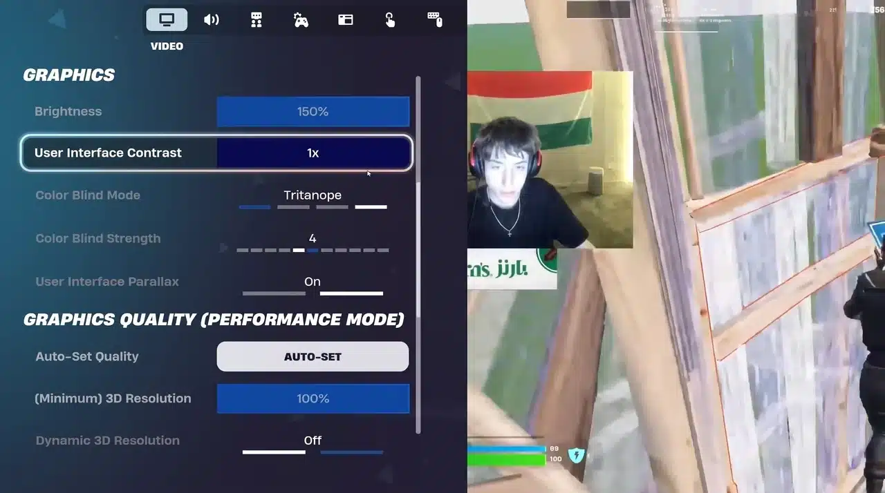 Fortnite graphics settings menu showing 150% brightness, Tritanope color blind mode, and performance mode settings alongside gameplay footage.