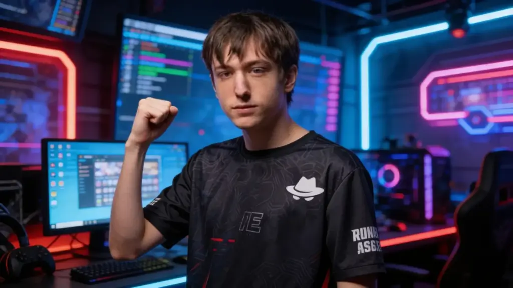 Peterbot raising fist in gaming room with monitors, keyboard, and mouse visible, neon lights in background, esports setup.