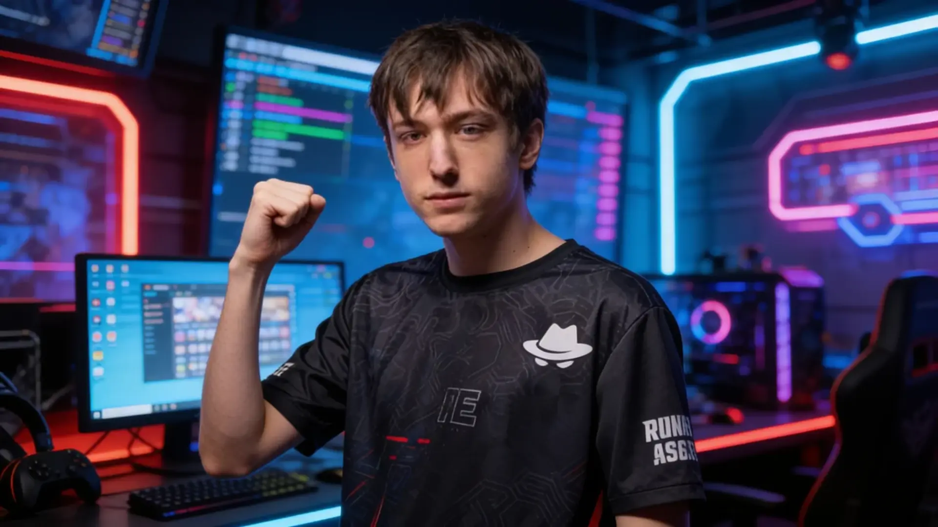 Peterbot raising fist in gaming room with monitors, keyboard, and mouse visible, neon lights in background, esports setup.