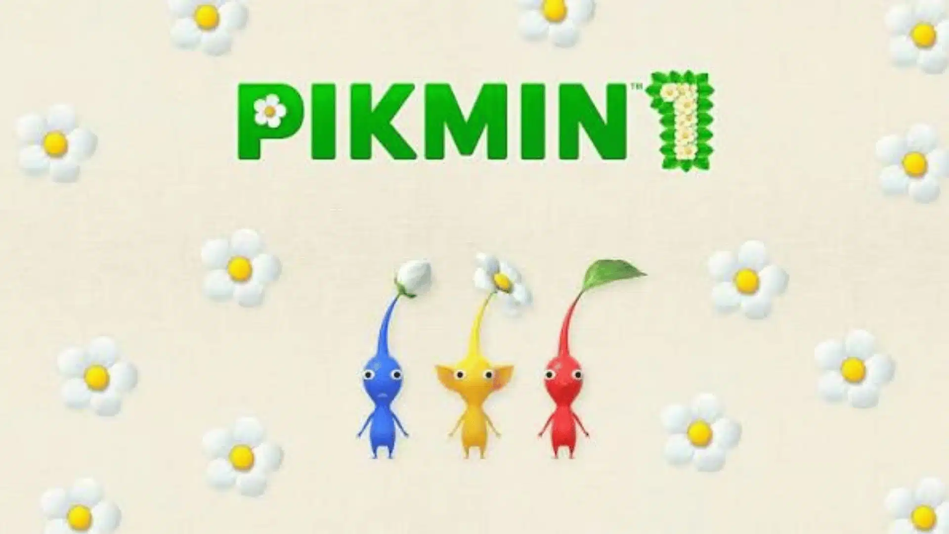 Pikmin 2 artwork featuring Red, Purple, Yellow, White, and Blue Pikmin on a green background with clover leaves