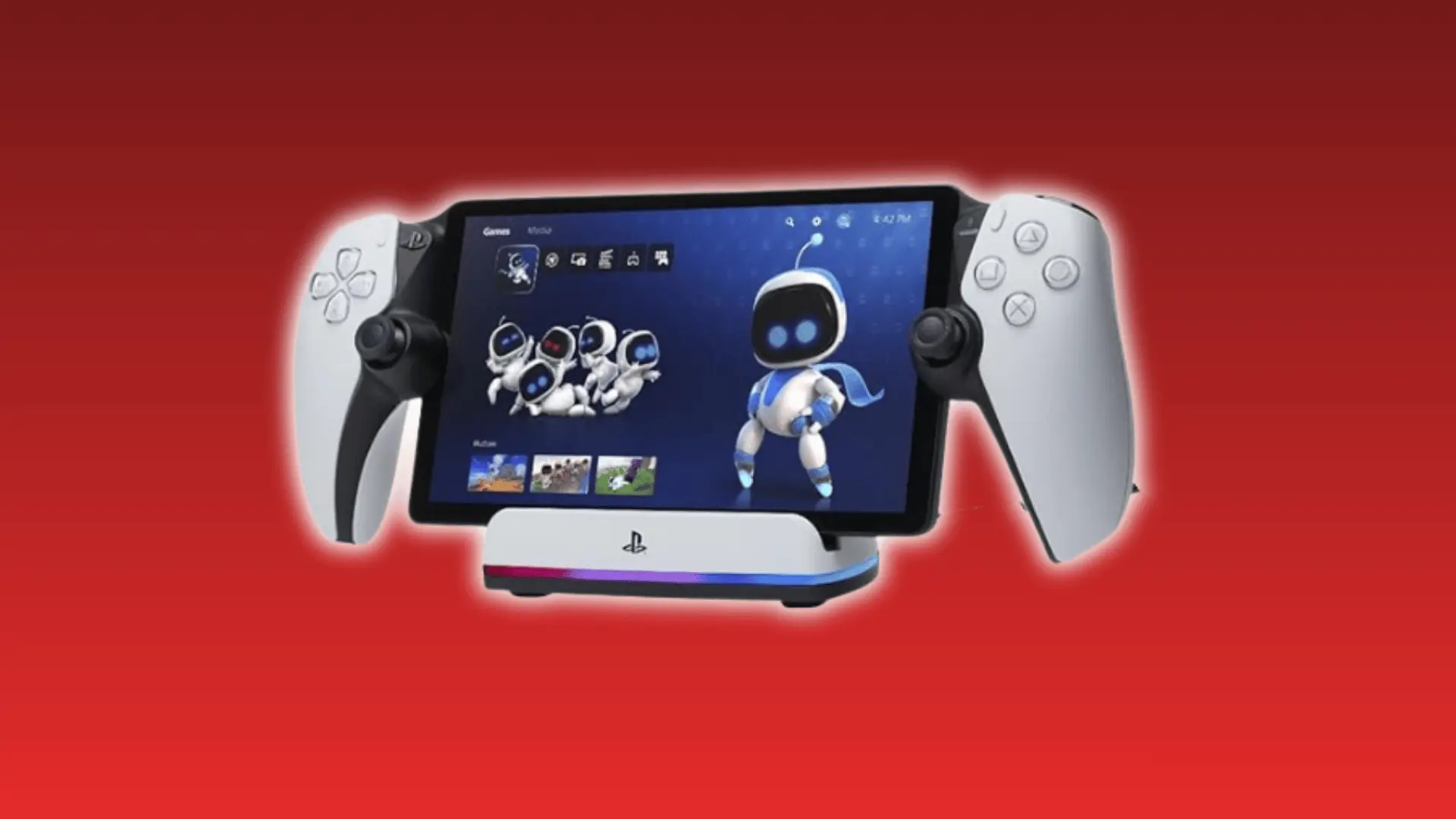 PlayStation Portal remote-play device on a charging stand displaying the PS5 home screen on its 8-inch LCD screen.