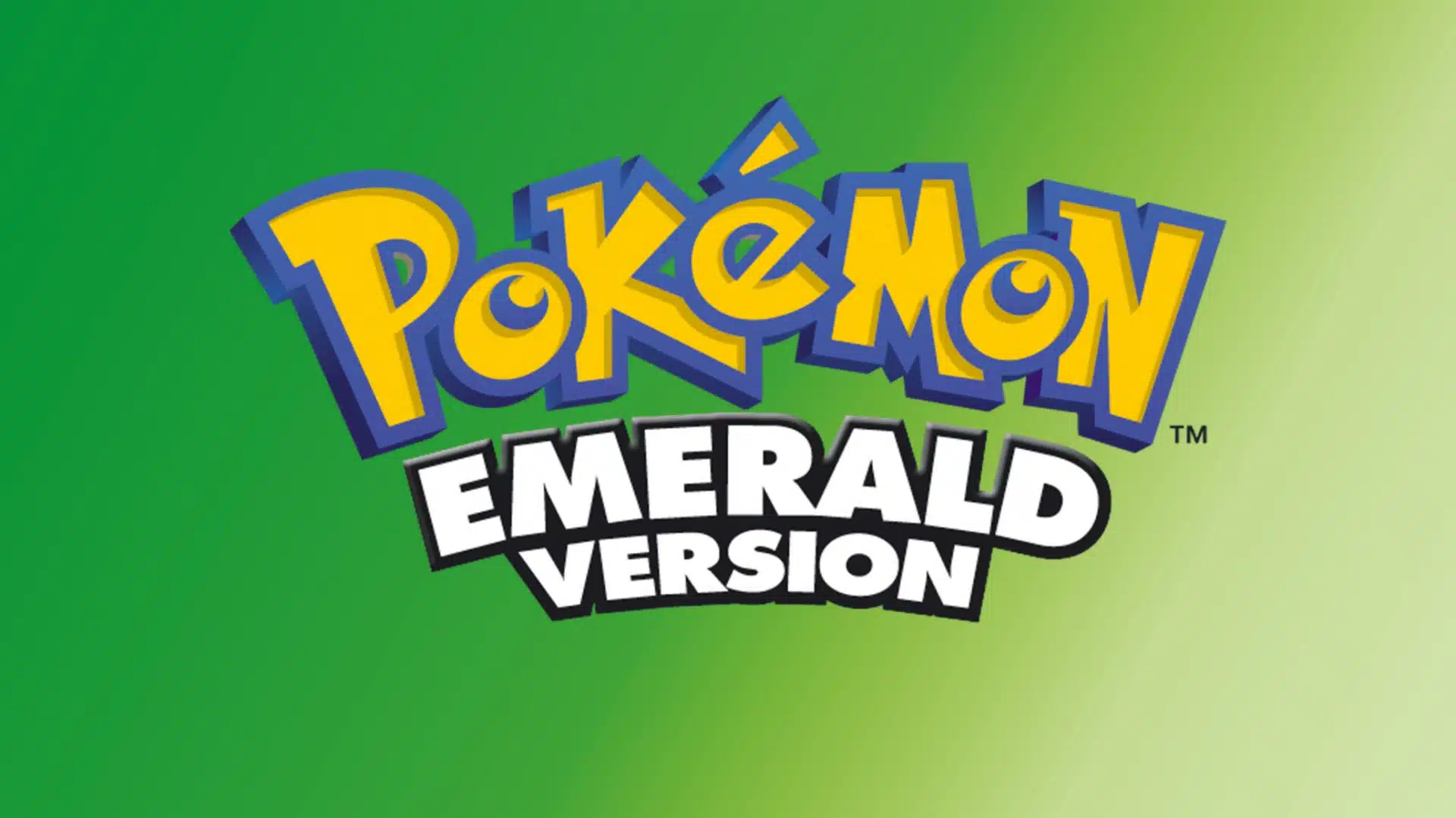 Pokémon Emerald Version logo in yellow and blue lettering against a bright green gradient background.