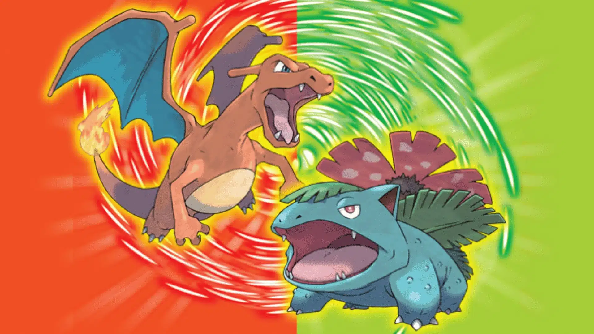 Charizard and Venusaur face off against a split red and green swirling background, representing Pokémon FireRed and LeafGreen.