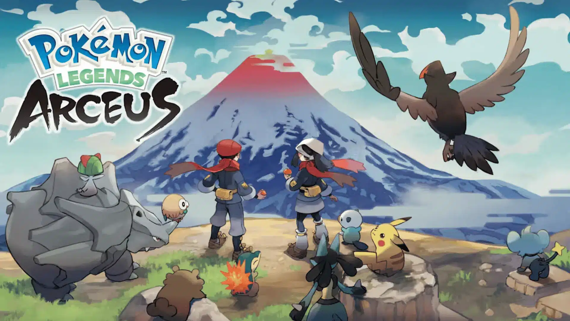 Pokémon Legends: Arceus artwork showing trainers and Pokémon exploring a mountain landscape.