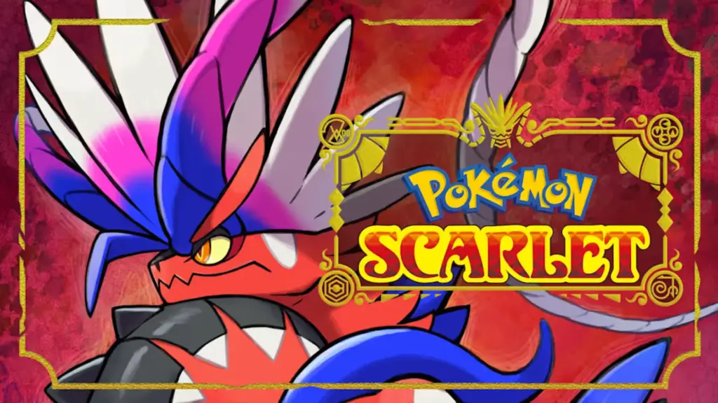 Close-up of Pokémon Koraidon with red, blue, and white coloring, dynamic pose, with Pokémon Scarlet logo on red background.