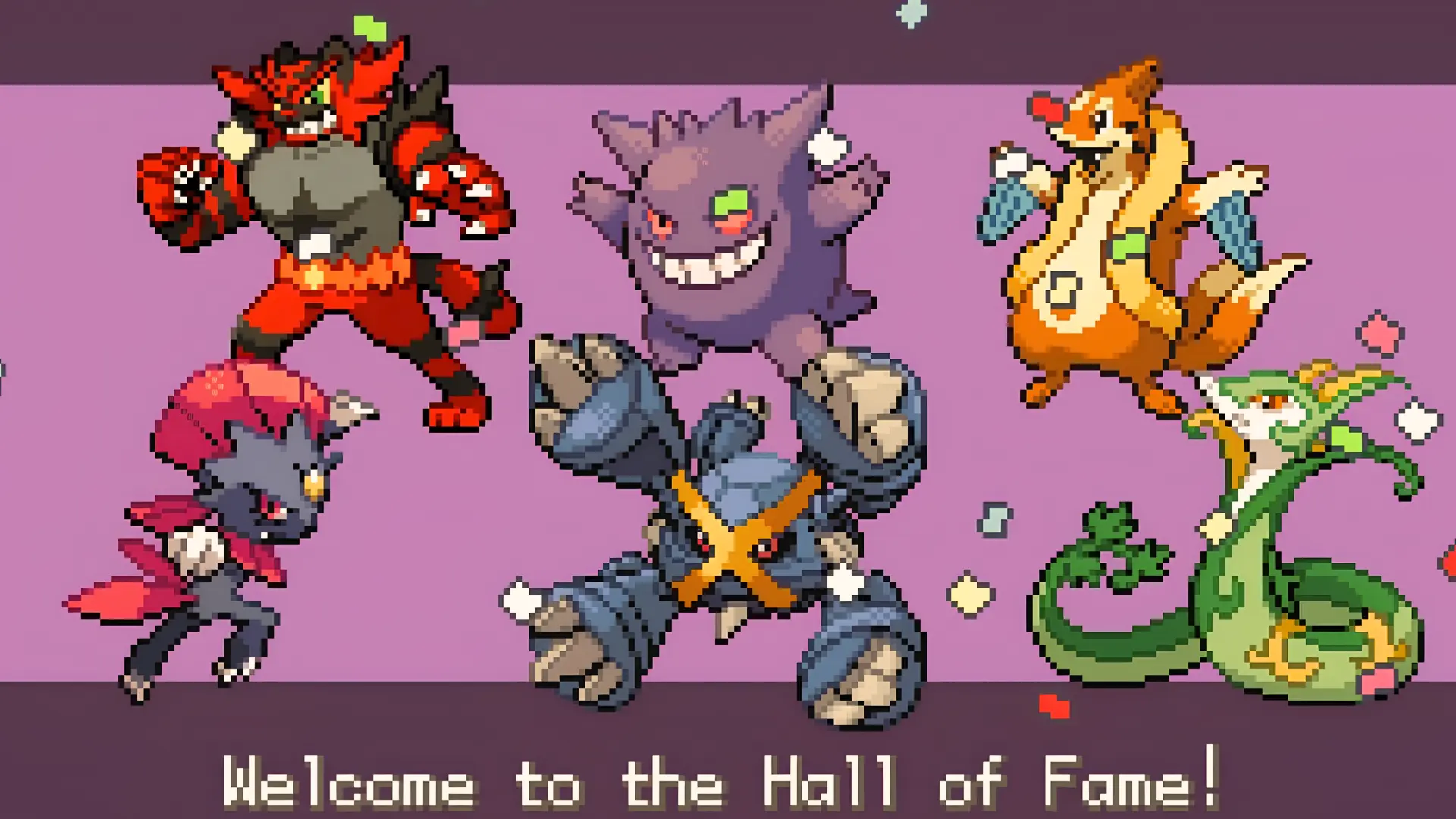 pixel art screen from a pokemon game reading welcome to the hall of fame with six pixelated pokemon characters