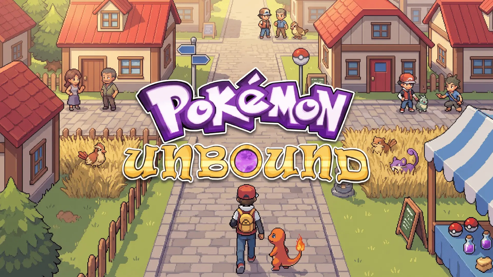 Over-the-shoulder view of a Pokémon trainer in Bellin Town with starter Pokémon and the logo centered in the scene.