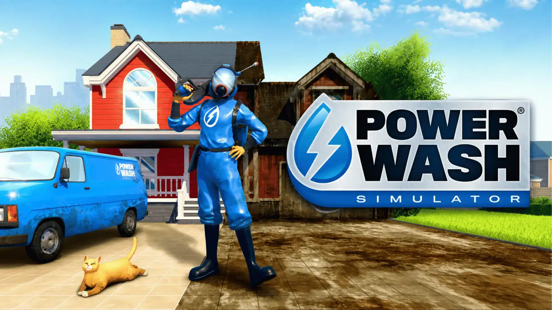 PowerWash Simulator artwork showing a cleaner beside a van, with a house split between dirty and freshly washed surfaces.