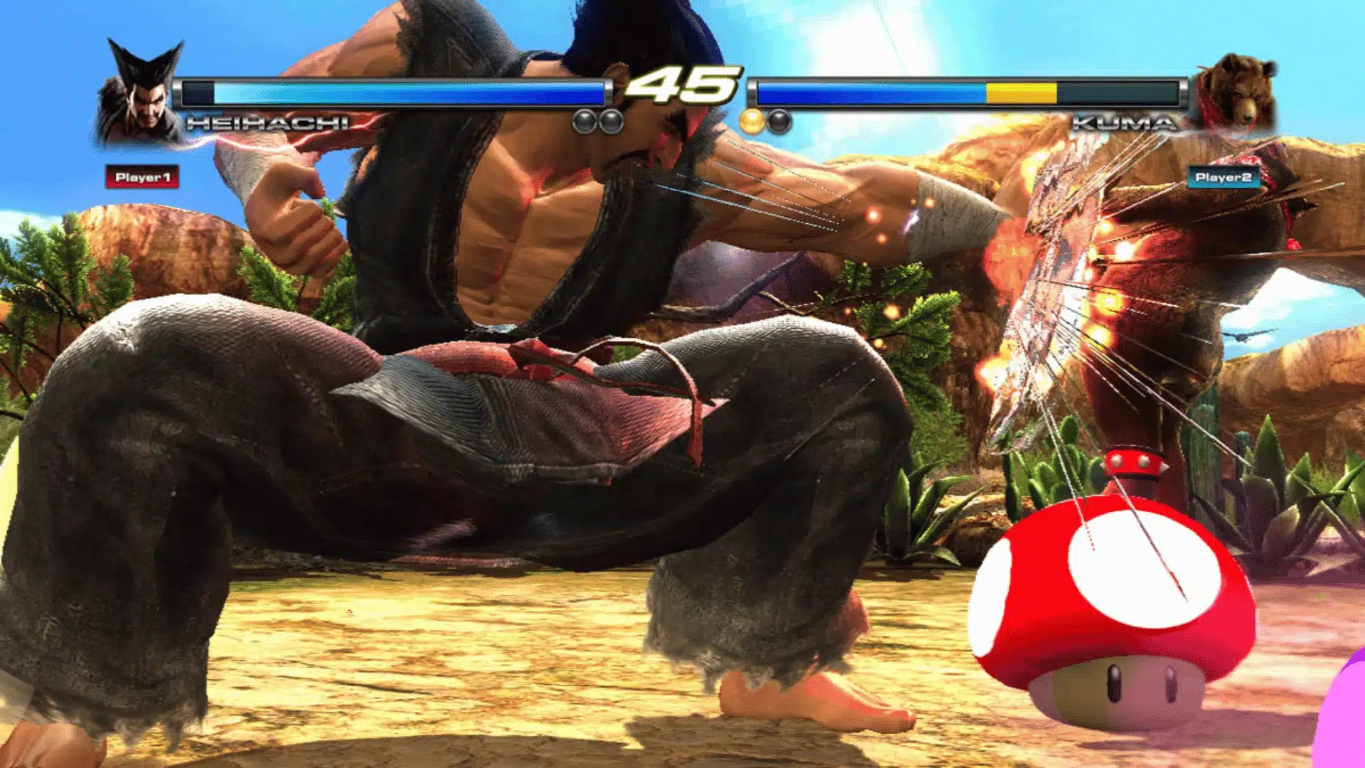 Heihachi vs Kuma in Tekken Tag Tournament 2 Wii U Mushroom Battle mode with Mario Super Mushroom