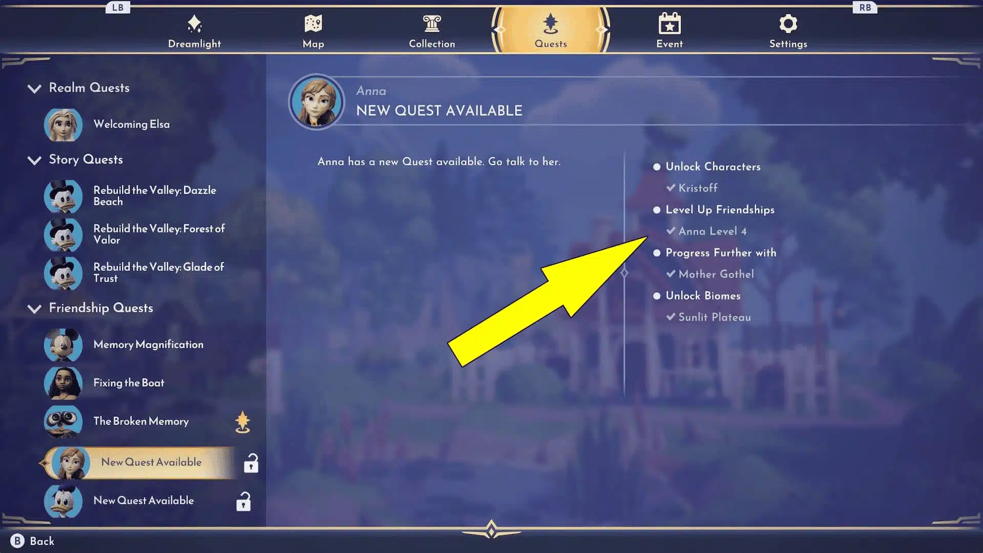 Quest menu showing friendship level progression and character unlock requirements in Dreamlight Valley.