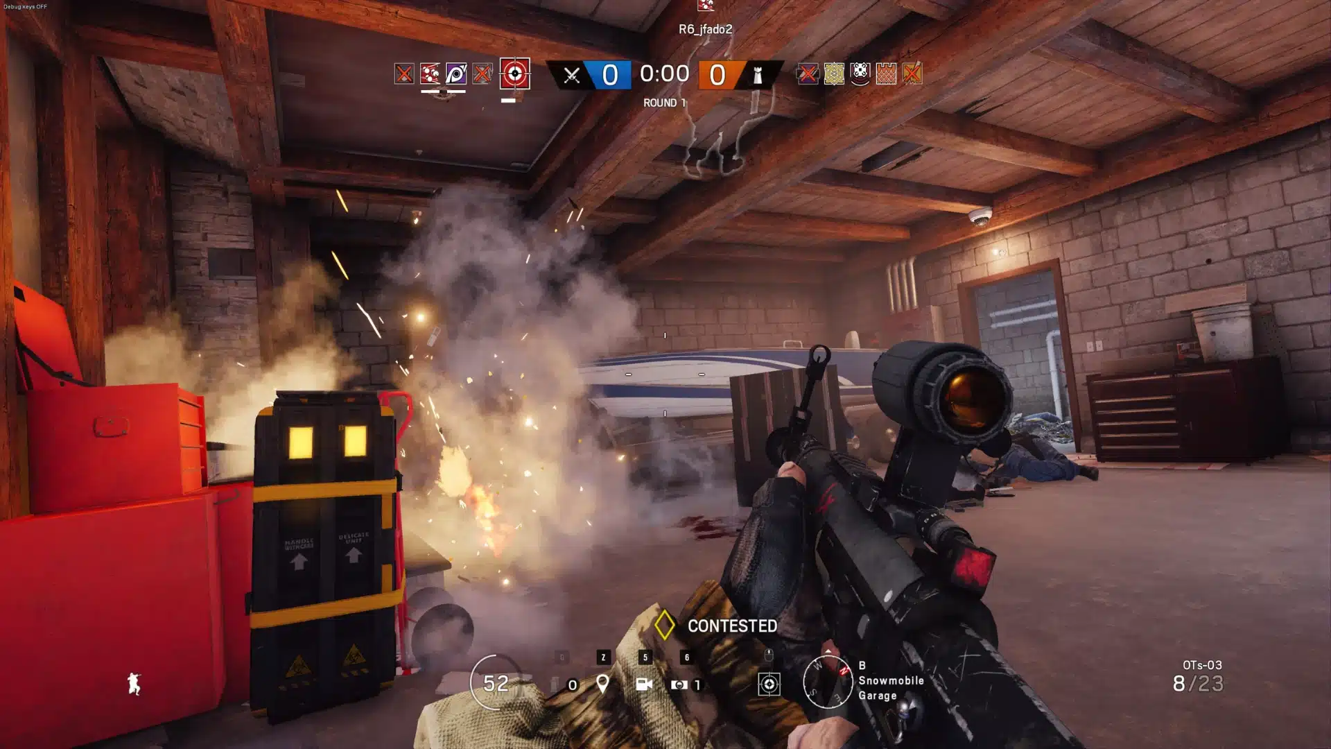 First-person shooter gameplay screenshot featuring a player aiming a scoped sniper rifle in a garage
