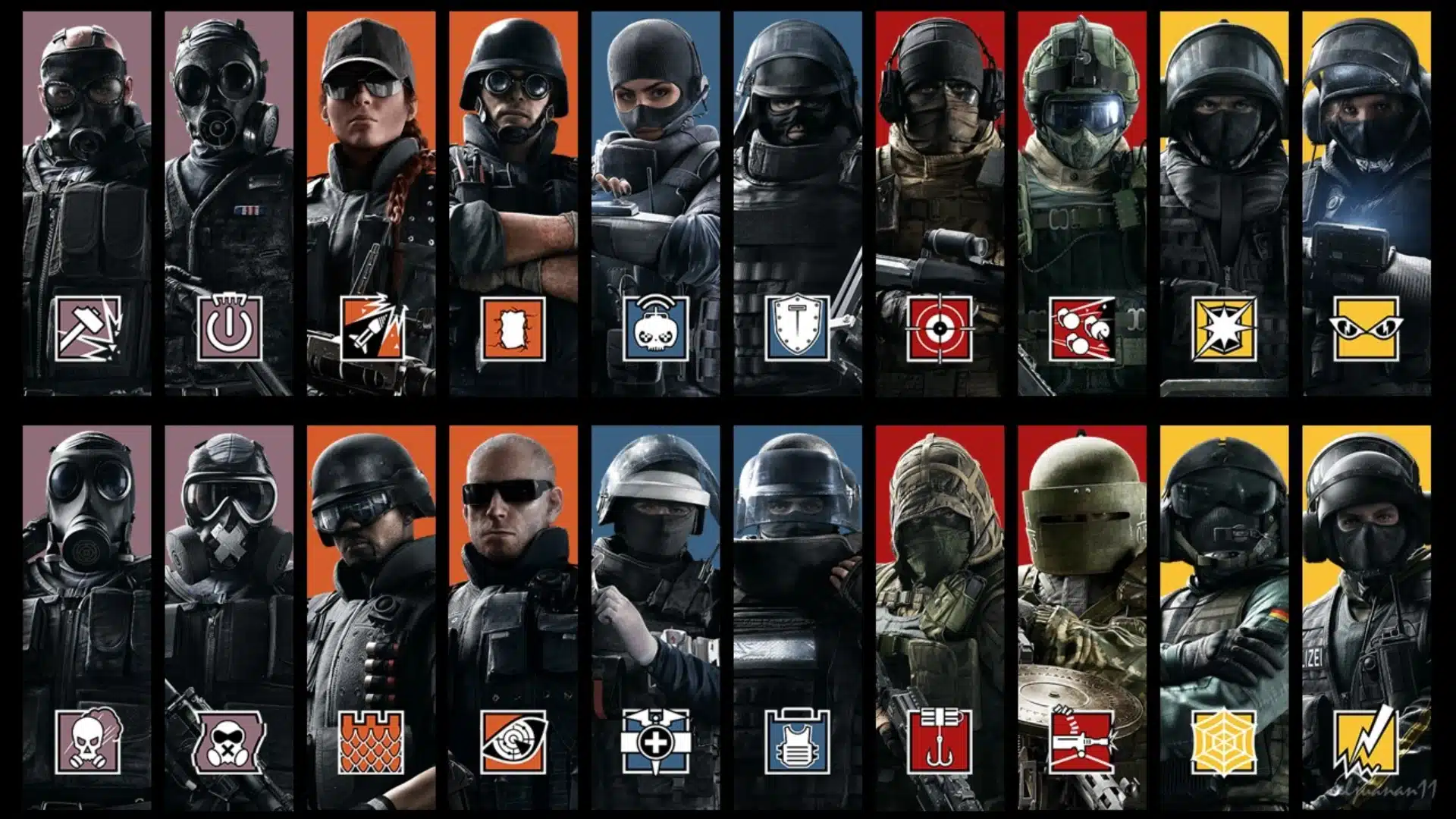 Grid roster displaying twenty character portraits with their unique character icons at the bottom