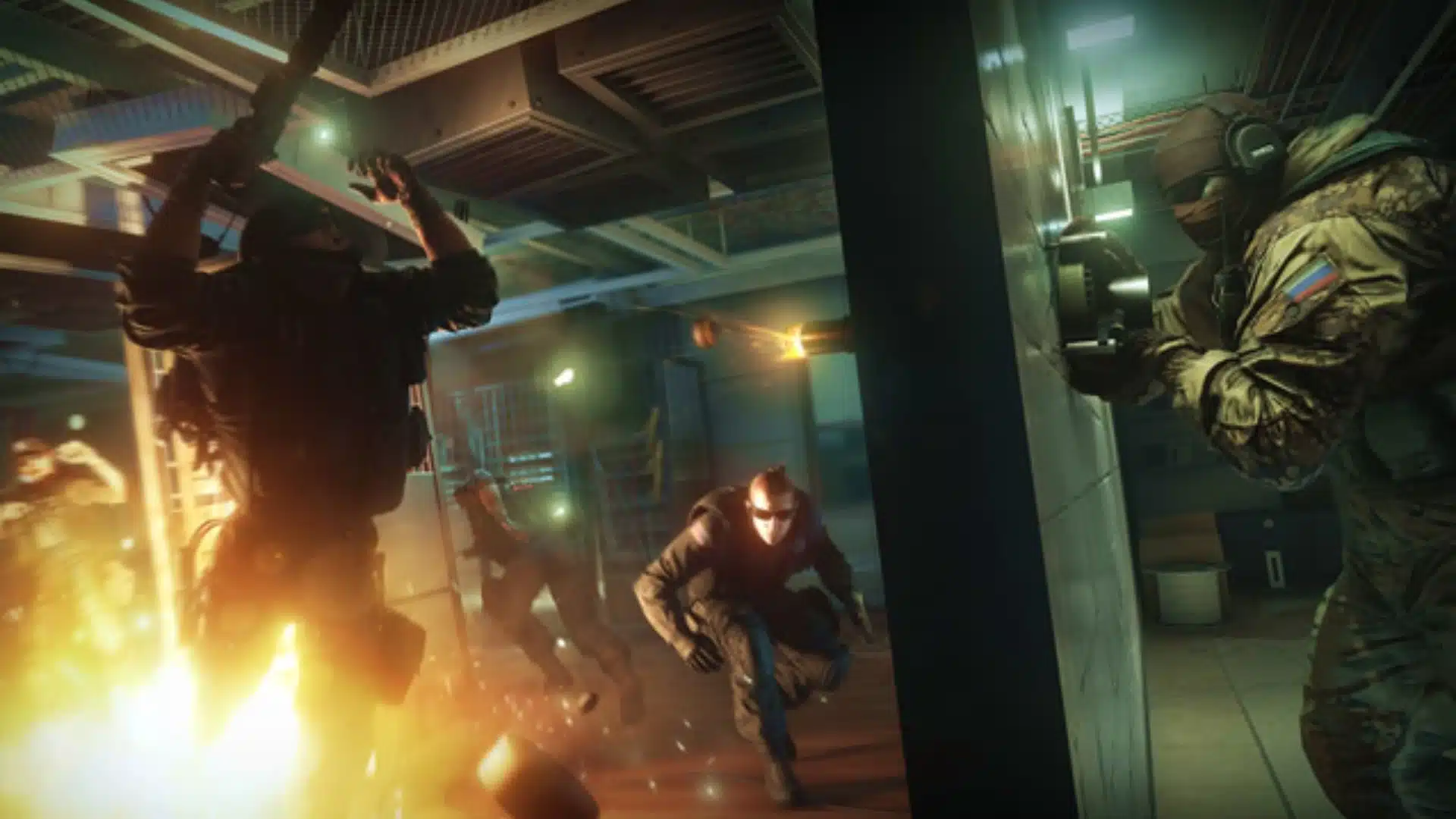 Tactical video game scene showing operators breaching a smoky room filled with fiery explosions