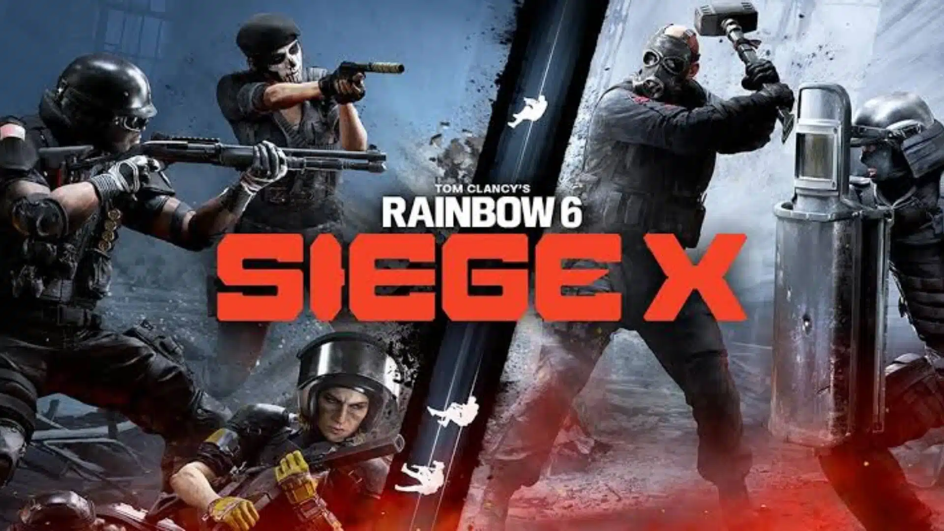 Promotional Rainbow 6 Seige banner displaying tactical operators split diagonally into opposing attacking and defending teams