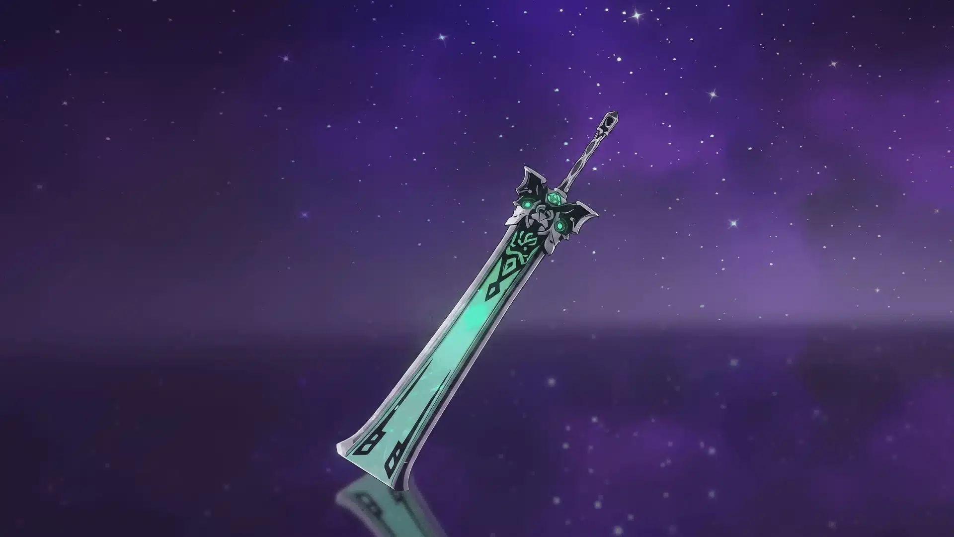 Teal and black fantasy claymore floating above reflective water against a purple starry sky.