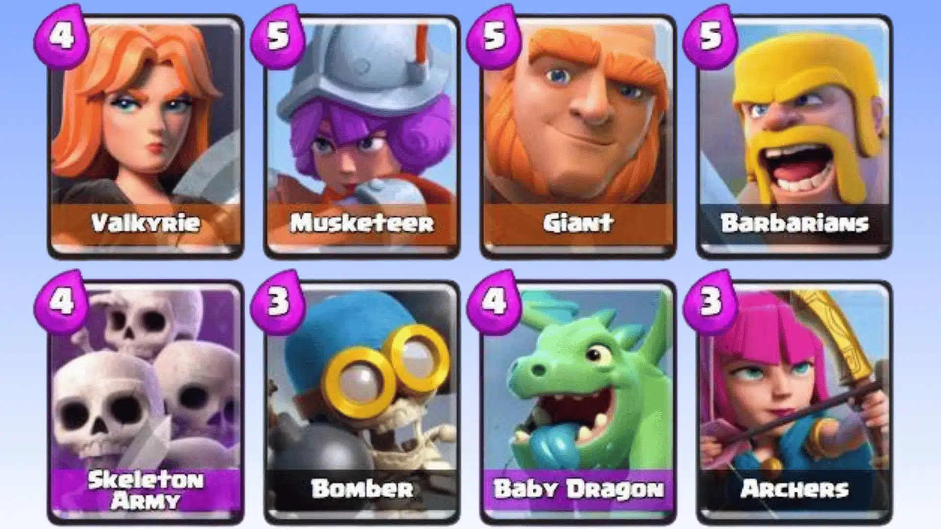 Clash Royale Rare troop cards including Valkyrie, Musketeer, Giant, Barbarians, and Baby Dragon.