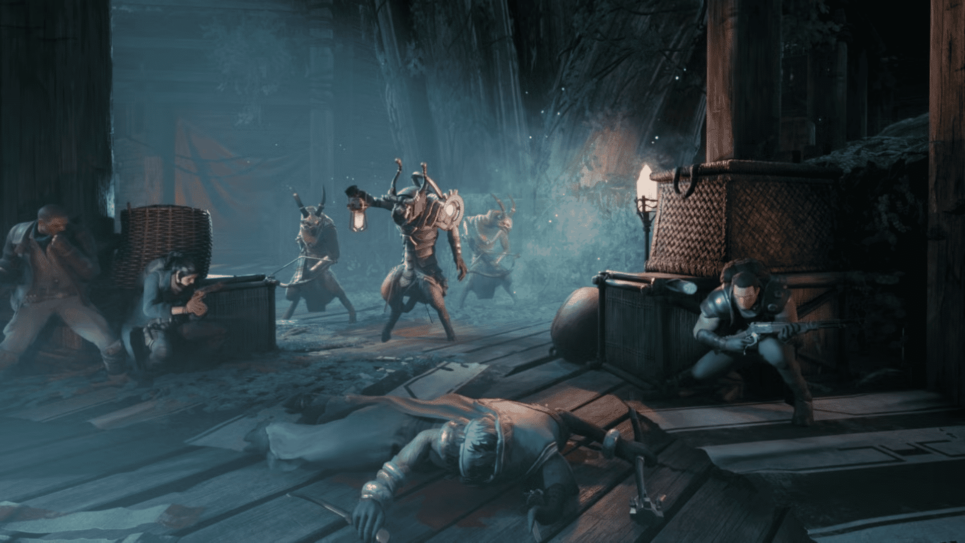 Three survivors take cover while goat-like creatures patrol a dark wooden dock in Remnant: From the Ashes.