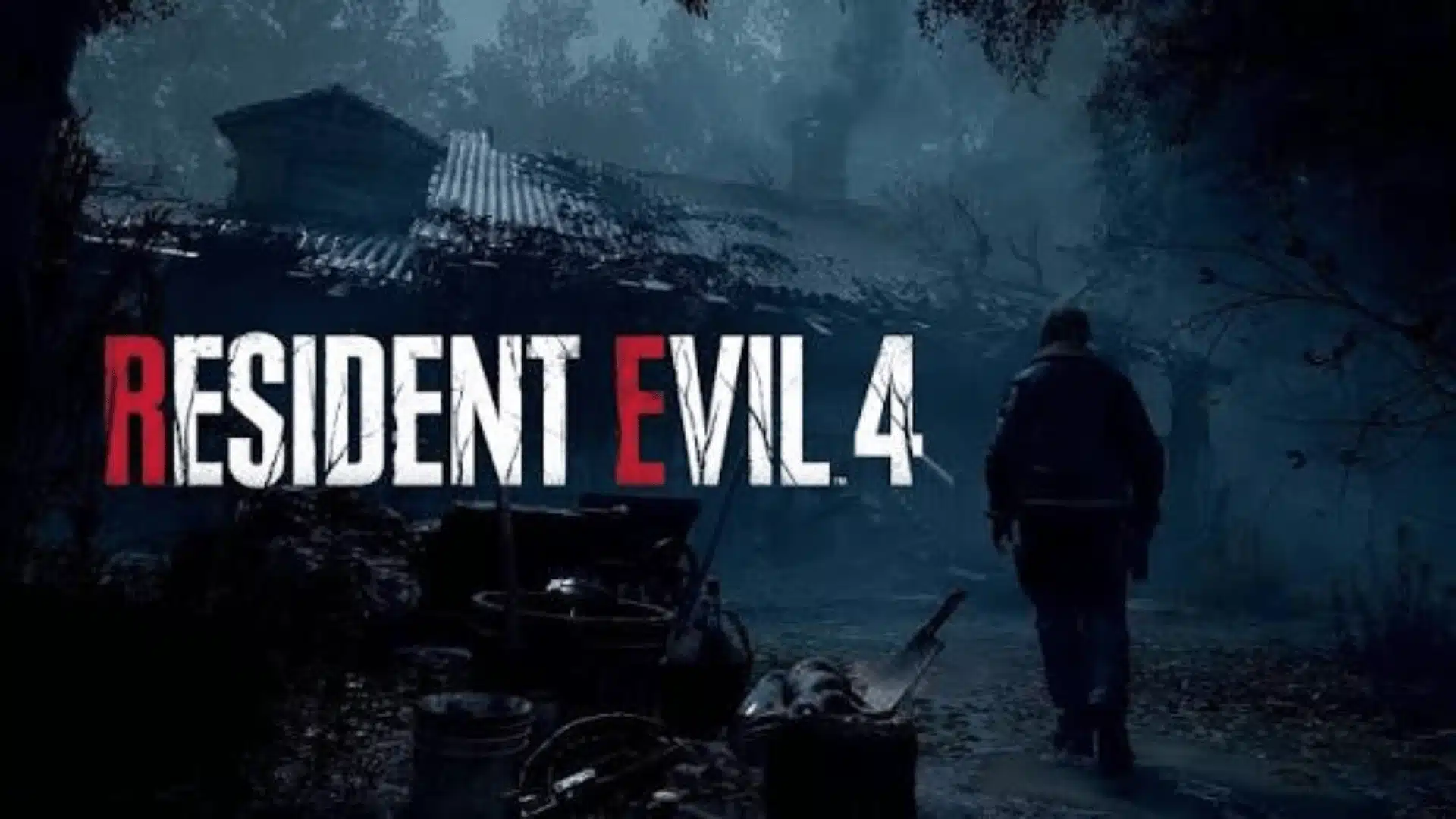 Resident Evil 4 artwork showing Leon S. Kennedy walking toward a dark village surrounded by a misty forest