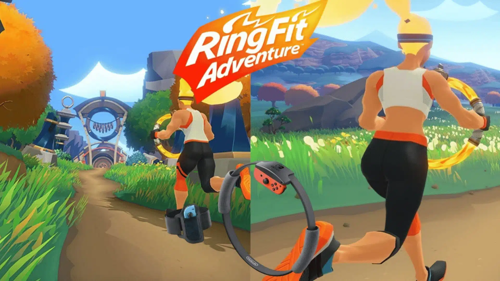 Ring Fit Adventure cover with character holding Ring-Con in grassy outdoor path