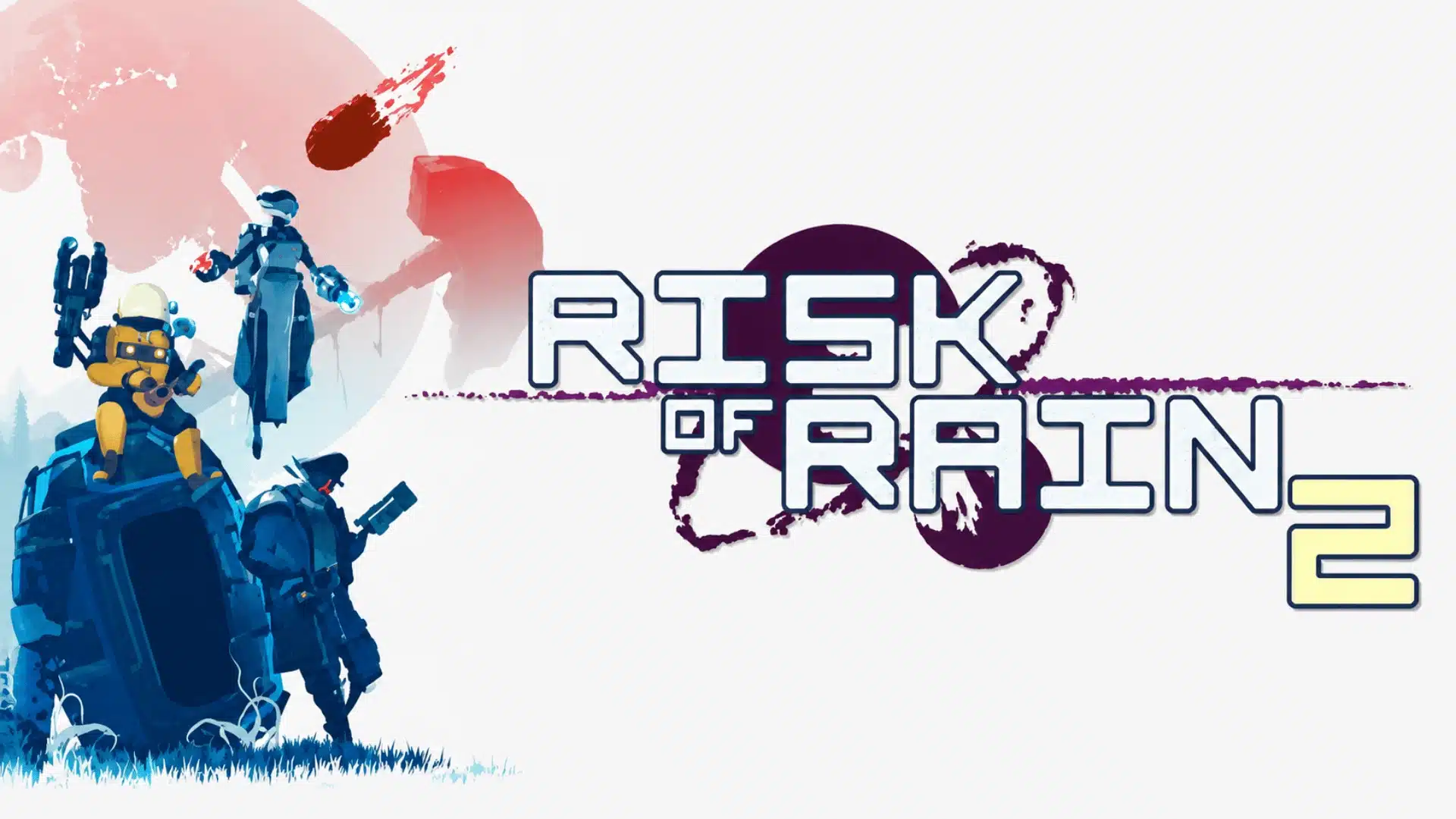 Risk of Rain 2 game logo with futuristic text design and abstract blue and white background