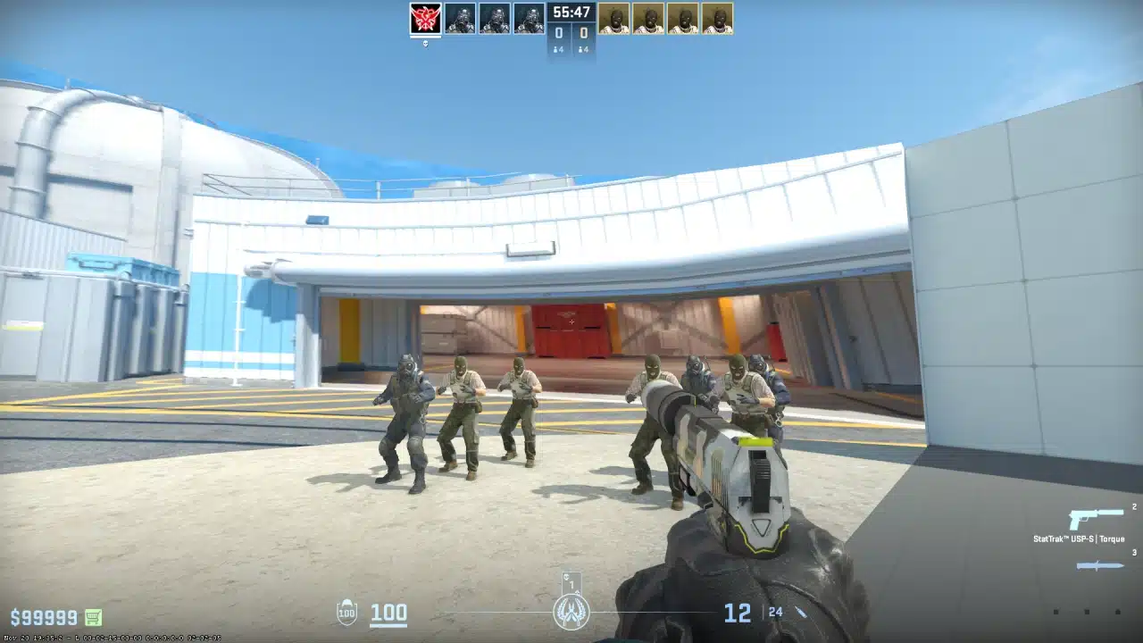 CS2 first person viewmodel perspective showing crosshair placement and weapon position on Overpass practice server