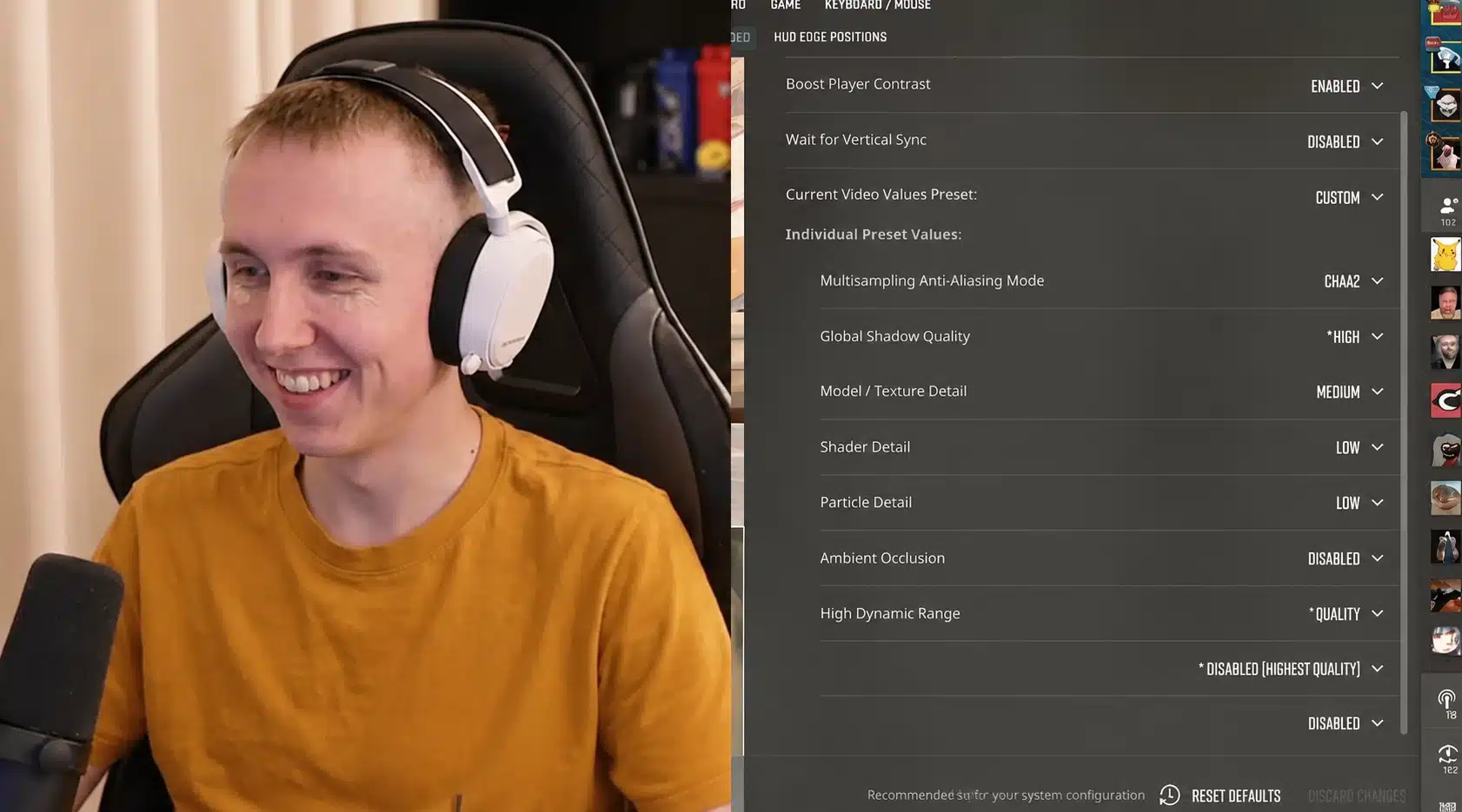 Ropz CS2 mouse settings showing boost player contrast enabled V-Sync disabled and shadow quality on stream