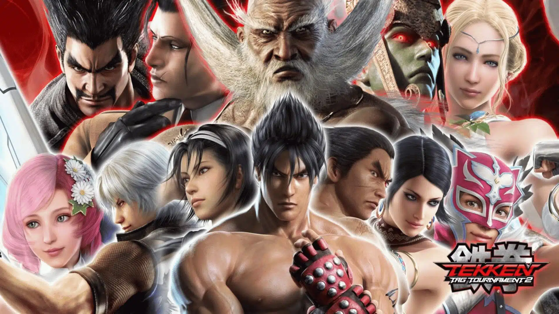 Tekken Tag Tournament 2 official roster art featuring Jin, Kazuya, Heihachi and legacy fighters