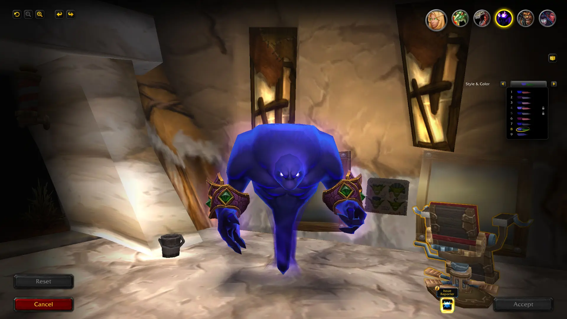blue floating demon with glowing eyes in stone room game interface with Reset Cancel Accept buttons