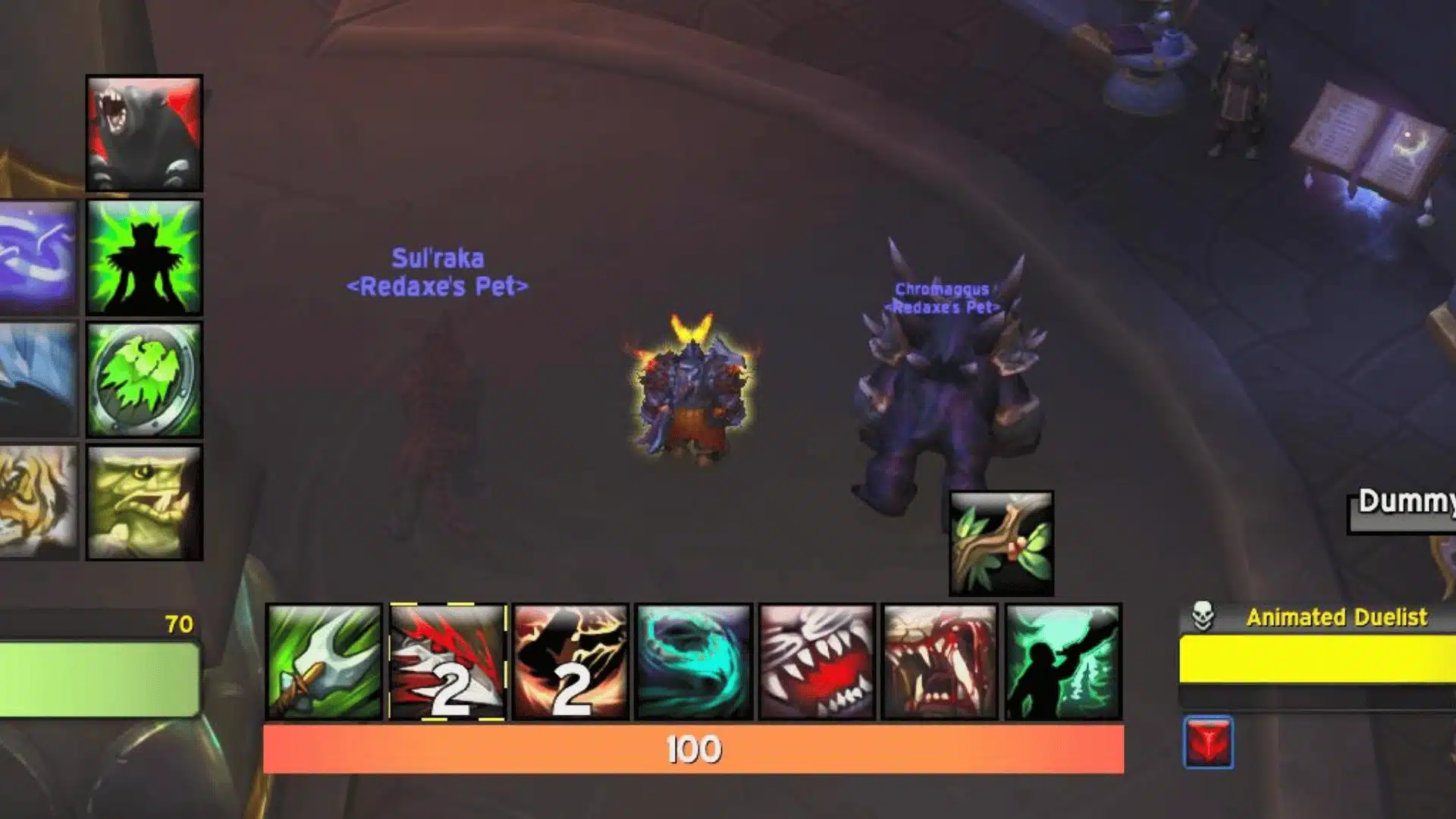 Hunter combat interface showing pet abilities and attack rotation