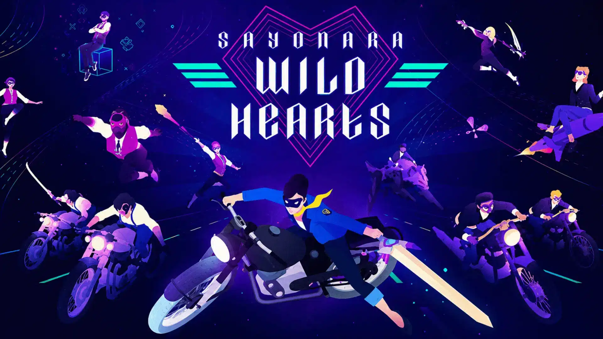 Sayonara Wild Hearts artwork featuring neon motorcycles, masked riders, and vibrant synthwave visuals against a cosmic purple backdrop.
