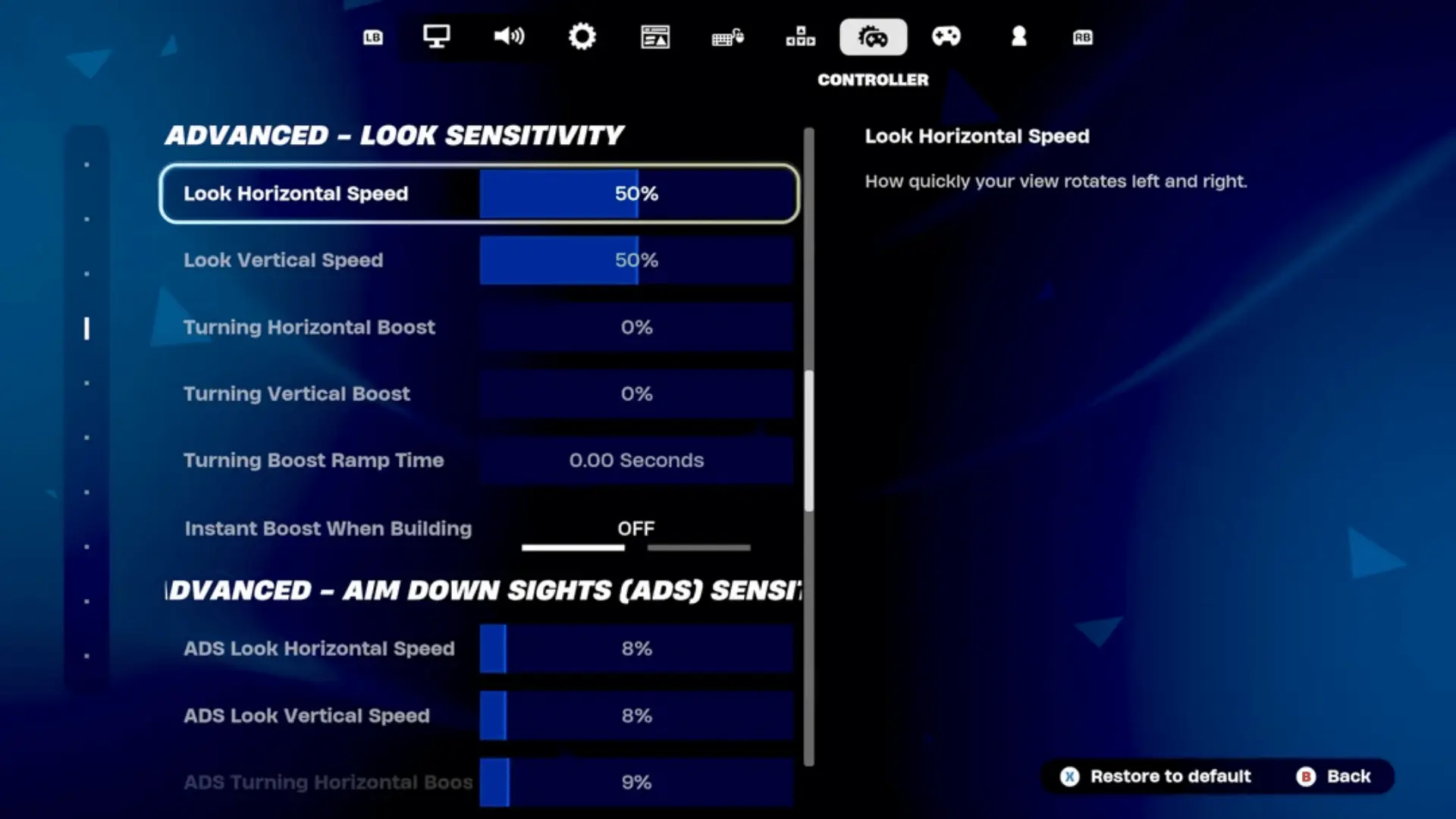 Fortnite controller sensitivity settings menu showing look speed and ADS sensitivity options.