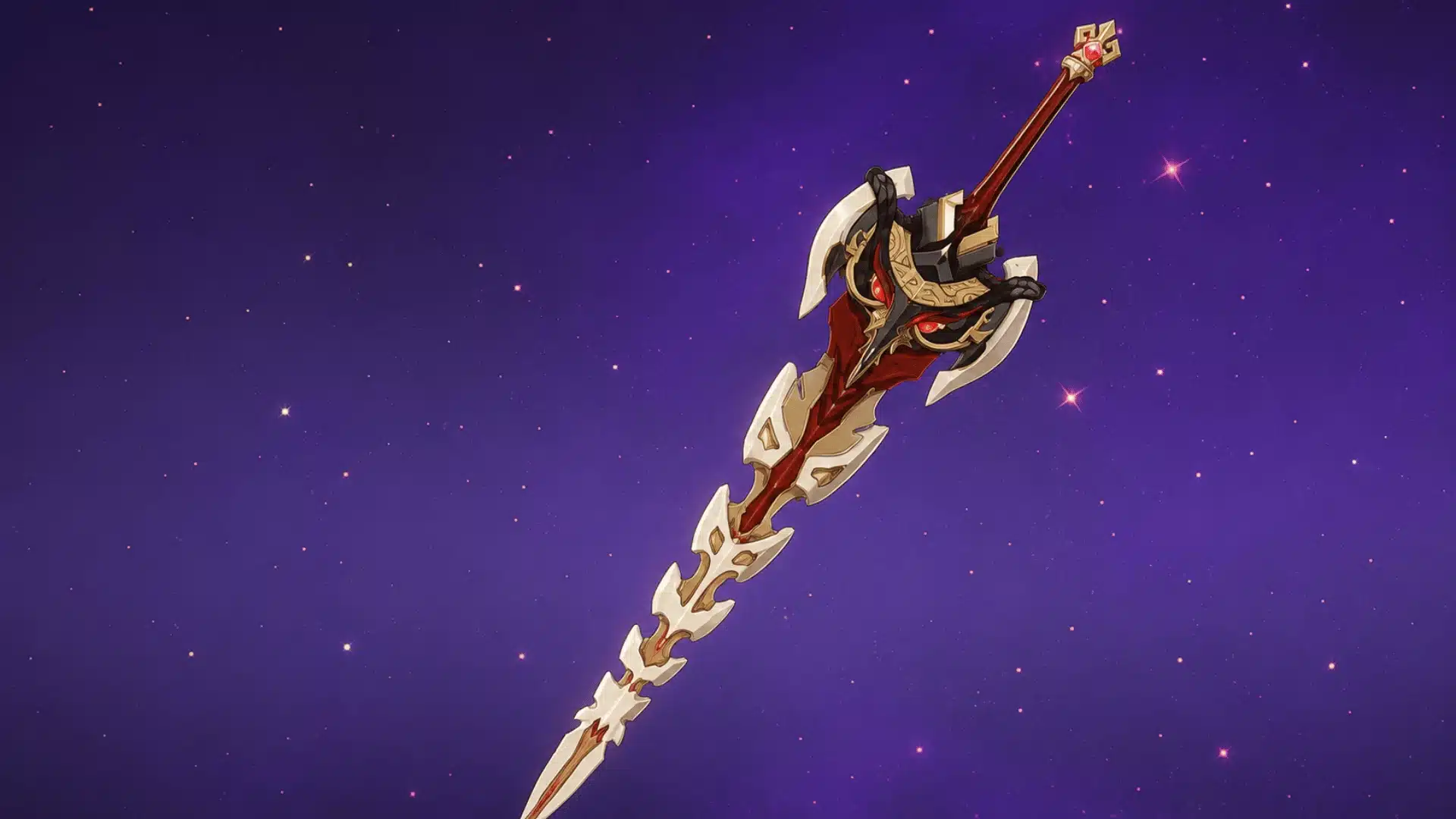 Ornate red, gold, and ivory fantasy polearm displayed diagonally against a purple starry background.