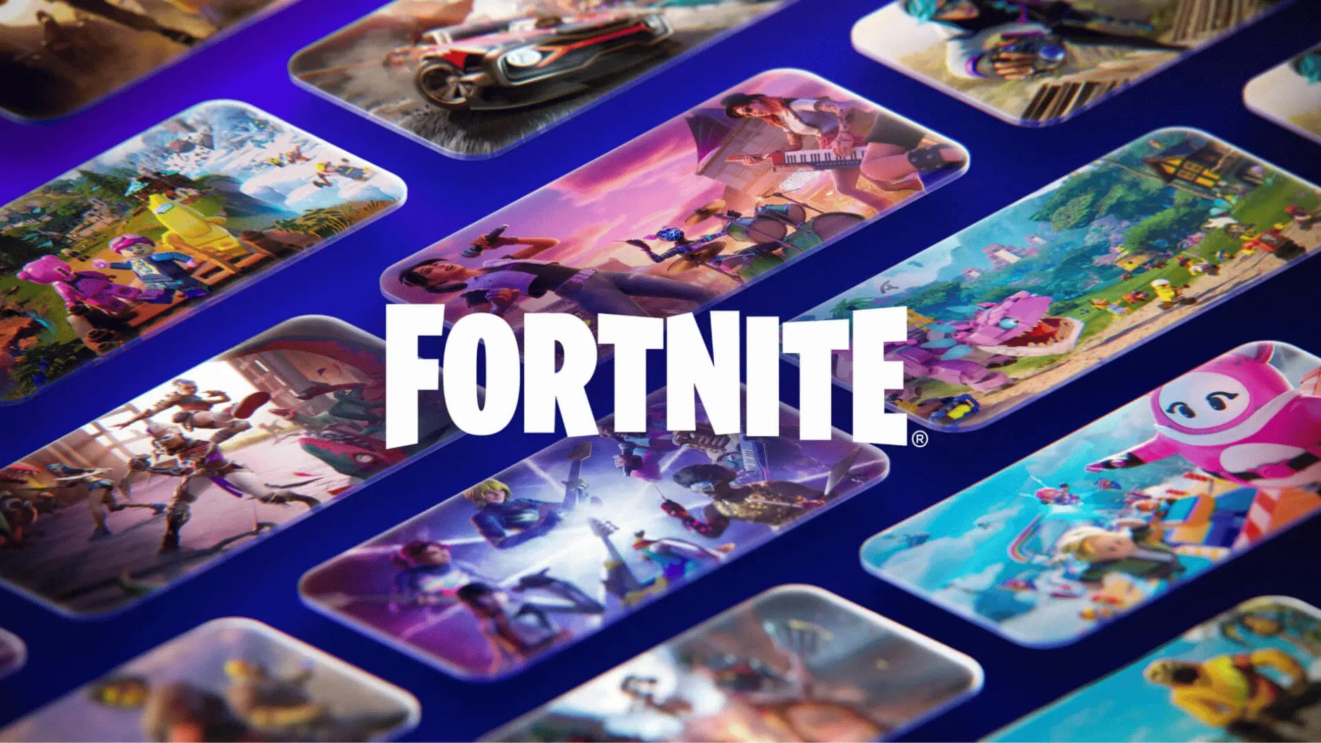 A collage of Fortnite gameplay scenes showing various characters, locations, and action moments with the Fortnite logo centered.