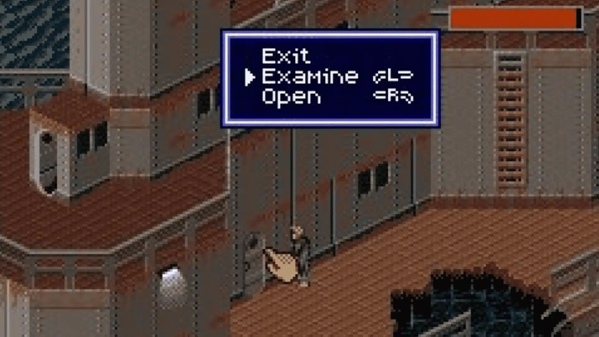 Shadowrun SNES isometric exploration with dialogue menu in cyberpunk city