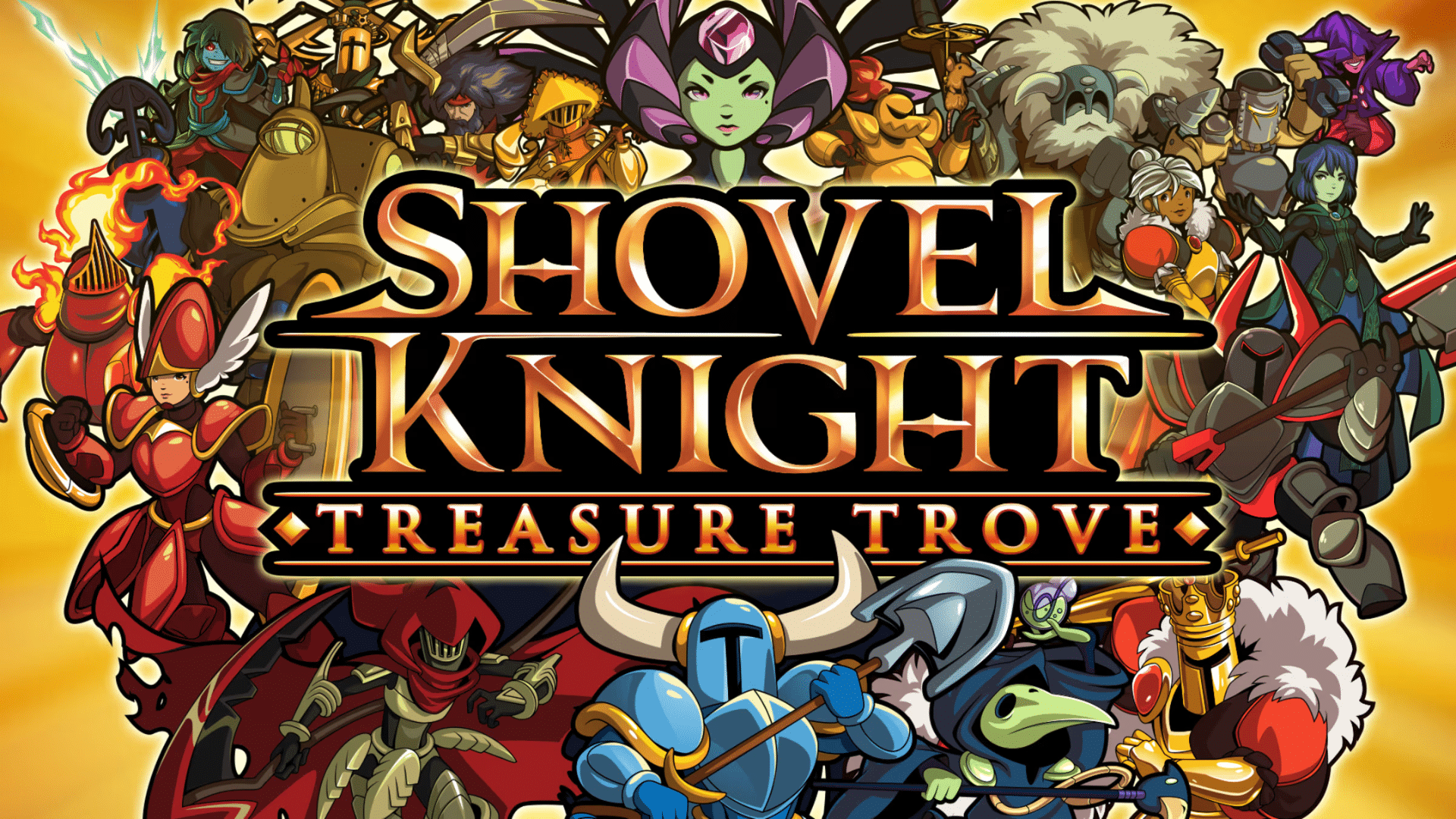 Shovel Knight Treasure Trove logo surrounded by colorful fantasy characters and armored heroes