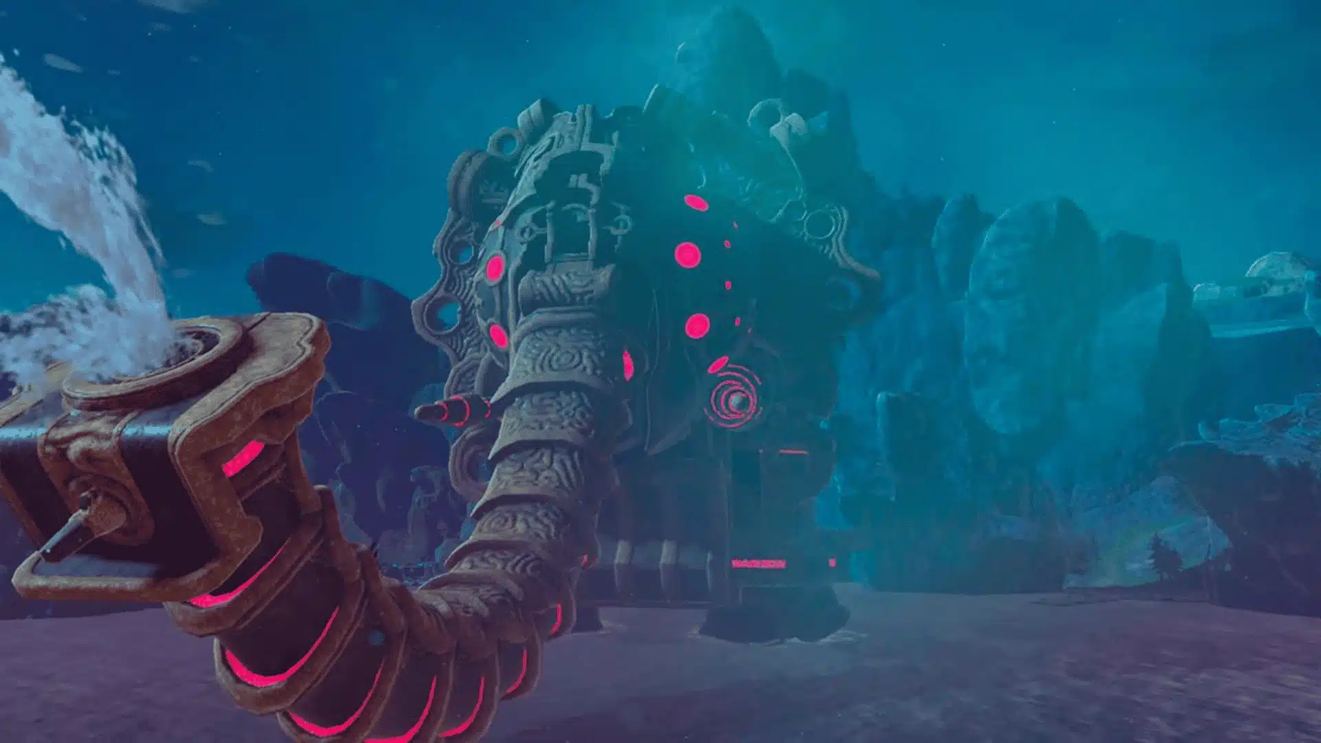 Divine Beast Vah Ruta looms over Zora's Domain with glowing Sheikah technology visible.
