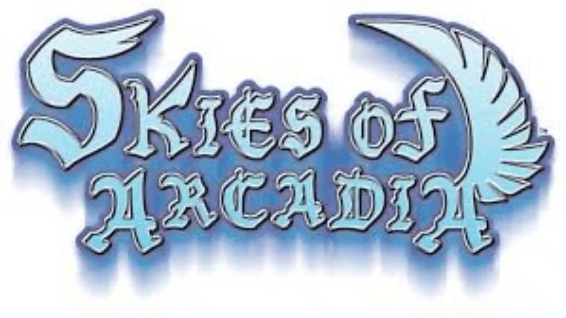 Skies of Arcadia Legends logo with stylized blue lettering and wing designs on a white background