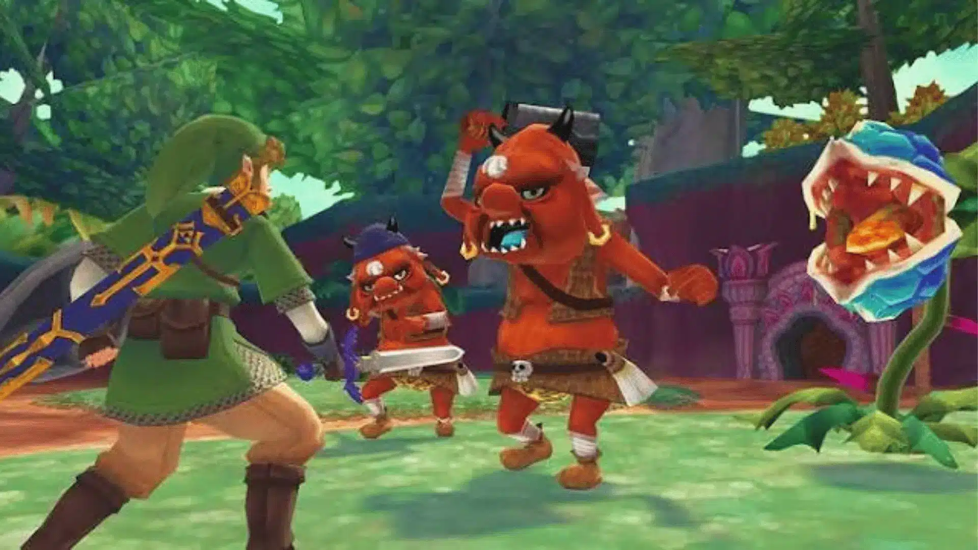 In-game scene from The Legend of Zelda: Skyward Sword, showing Link confronting Bokoblin enemies in a forest area, readying his sword in a combat stance.
