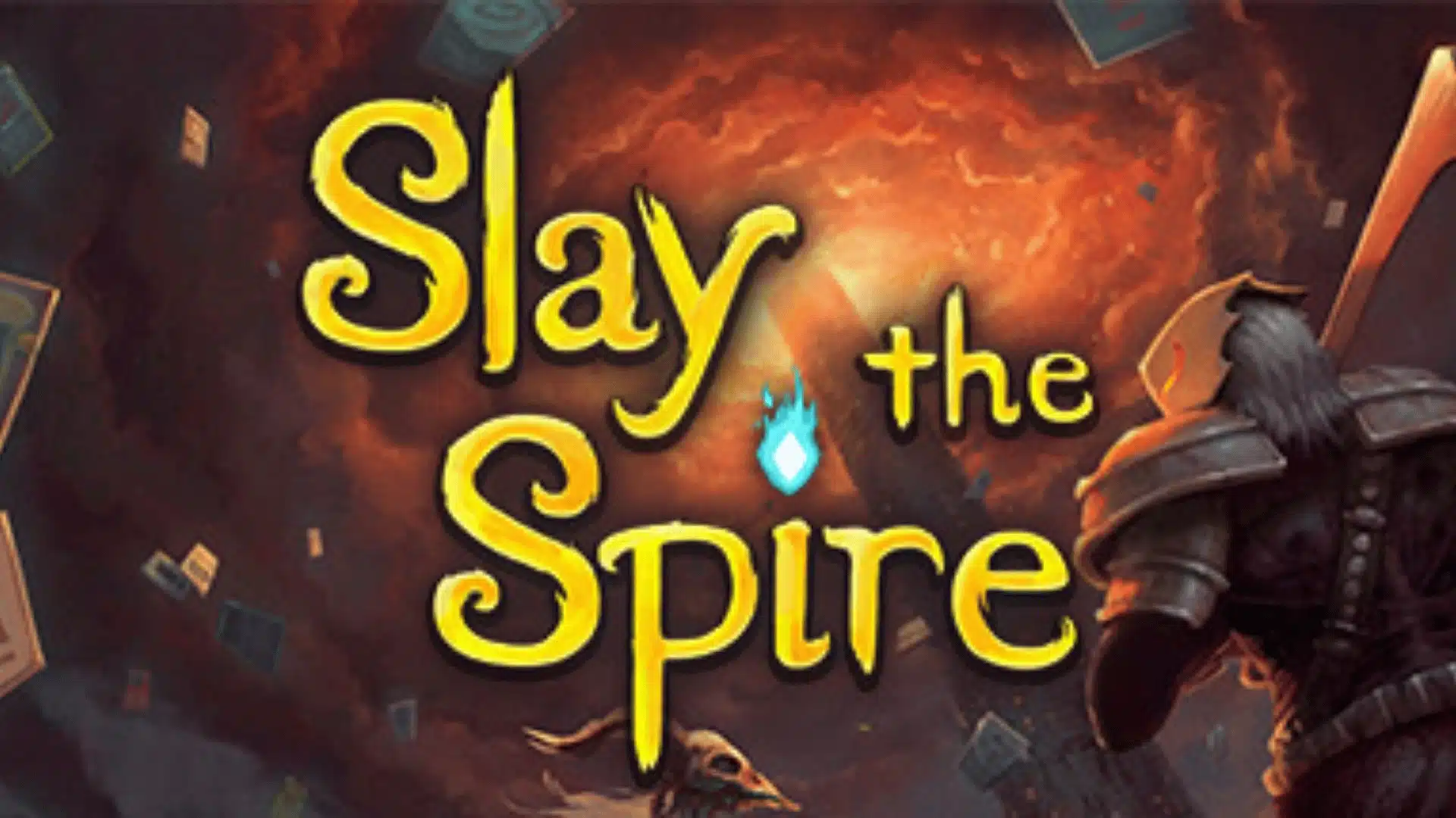 Slay the Spire game logo with fantasy artwork featuring a warrior and fiery background
