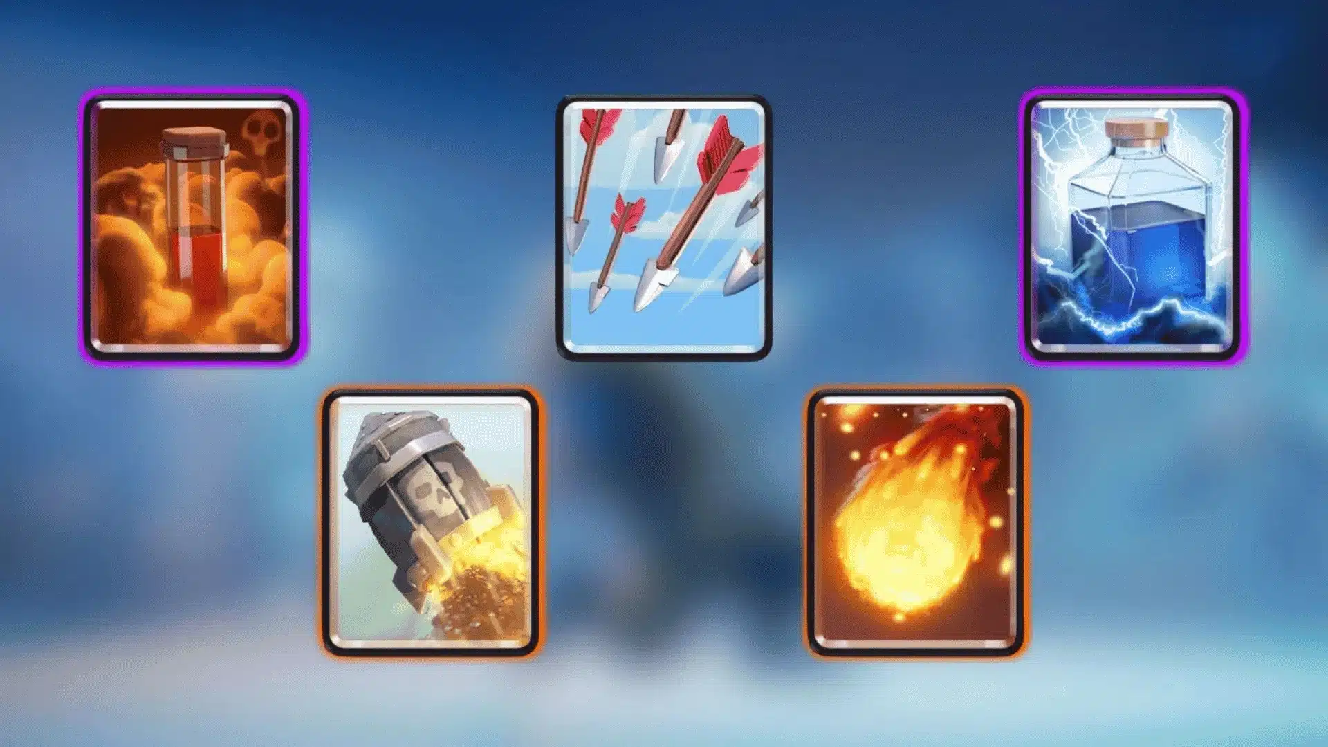 Clash Royale spell cards featuring Poison, Arrows, Zap, Rocket, and Fireball on a blue background.